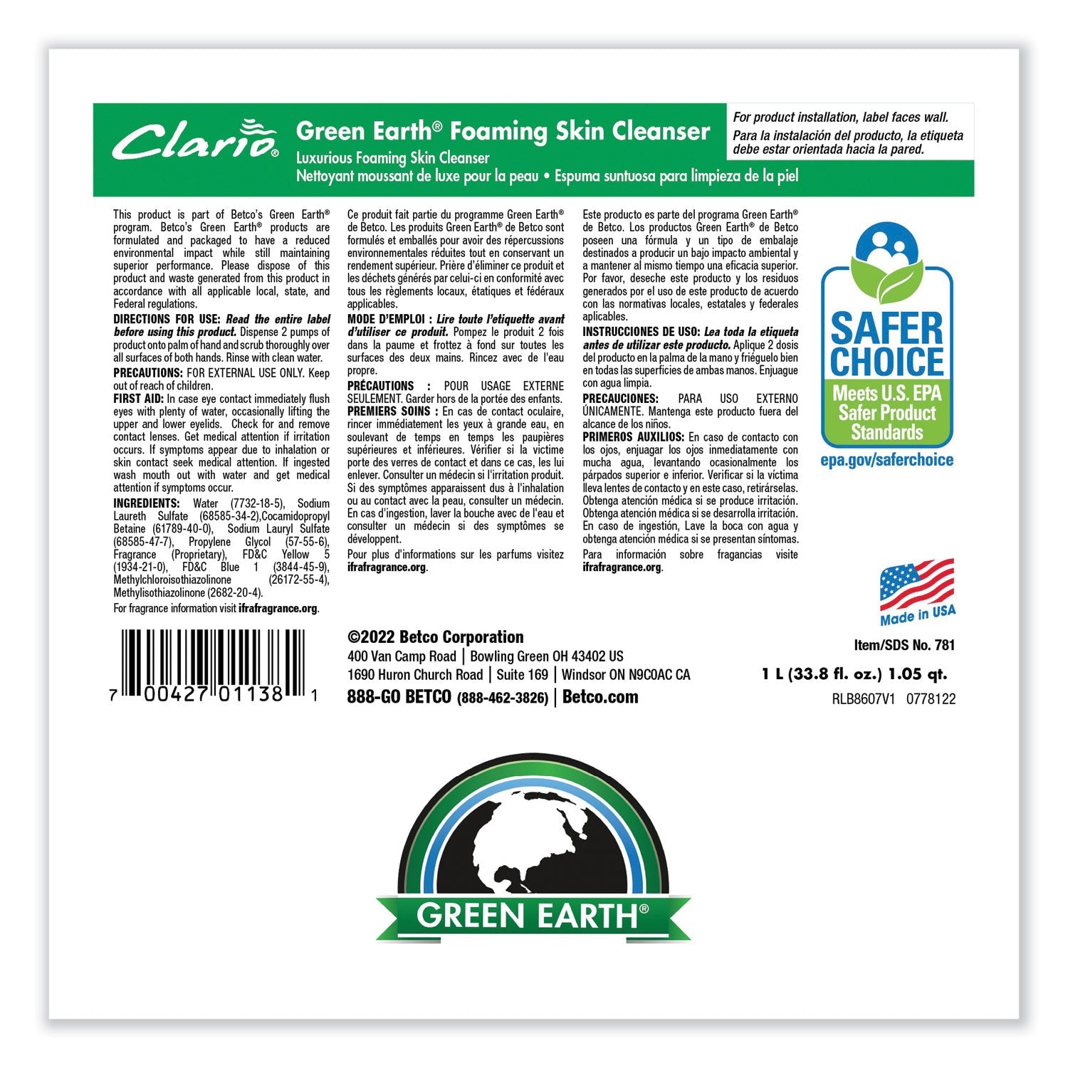 Betco® Green Earth Foaming Skin Cleanser Refill, Fresh Meadow Scent, 1,000 mL, 6/Carton