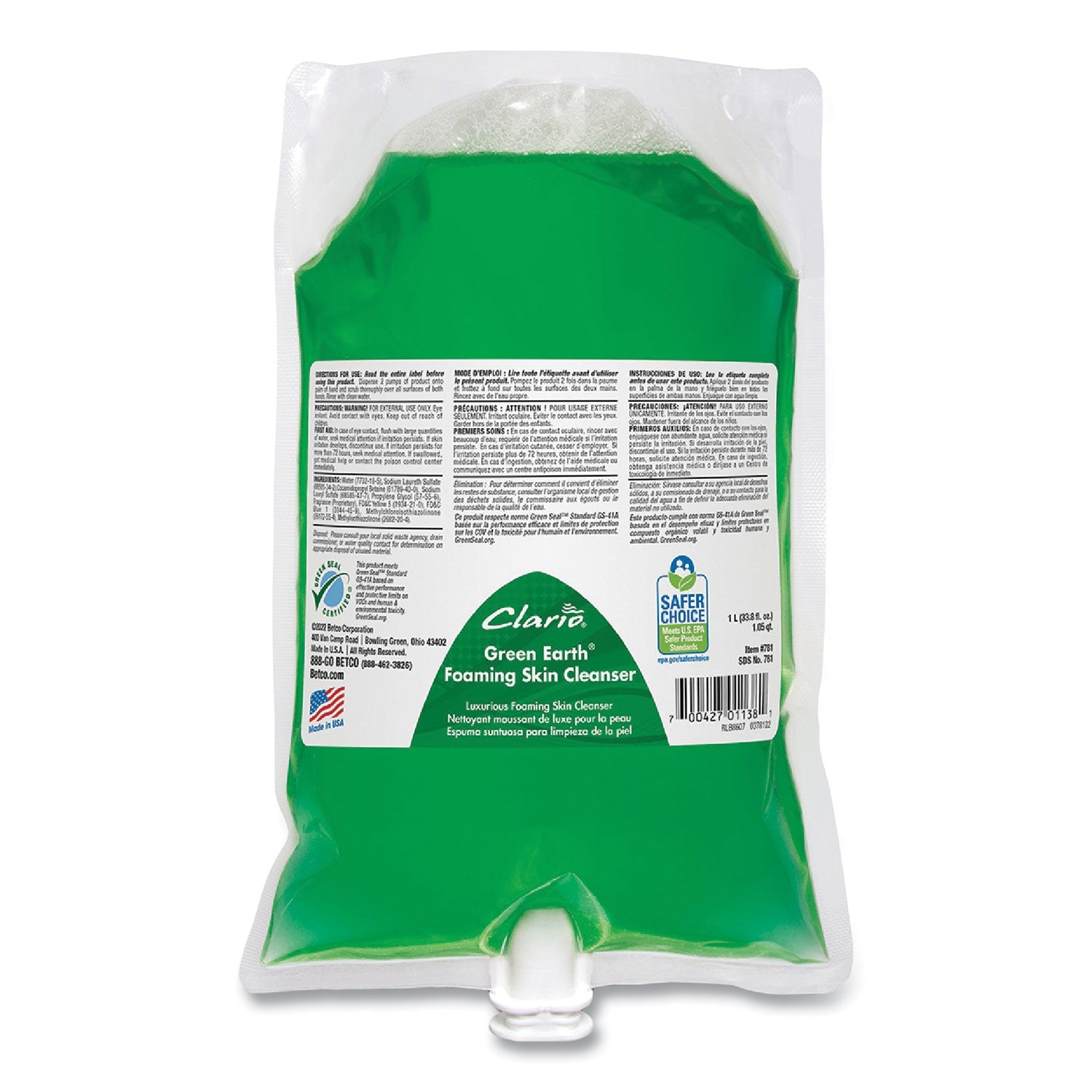 Betco® Green Earth Foaming Skin Cleanser Refill, Fresh Meadow Scent, 1,000 mL, 6/Carton