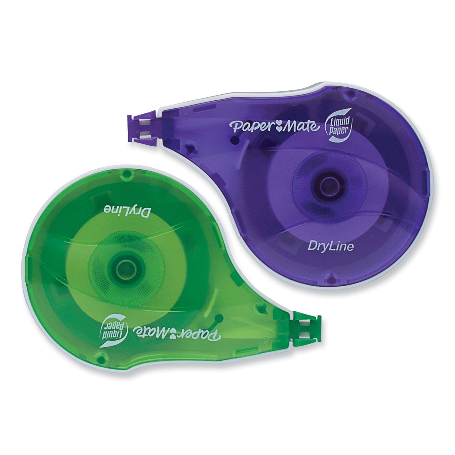 Paper Mate® Liquid Paper® DryLine Correction Tape, Non-Refillable, Green/Purple Applicators, 0.17" x 472", 2/Pack