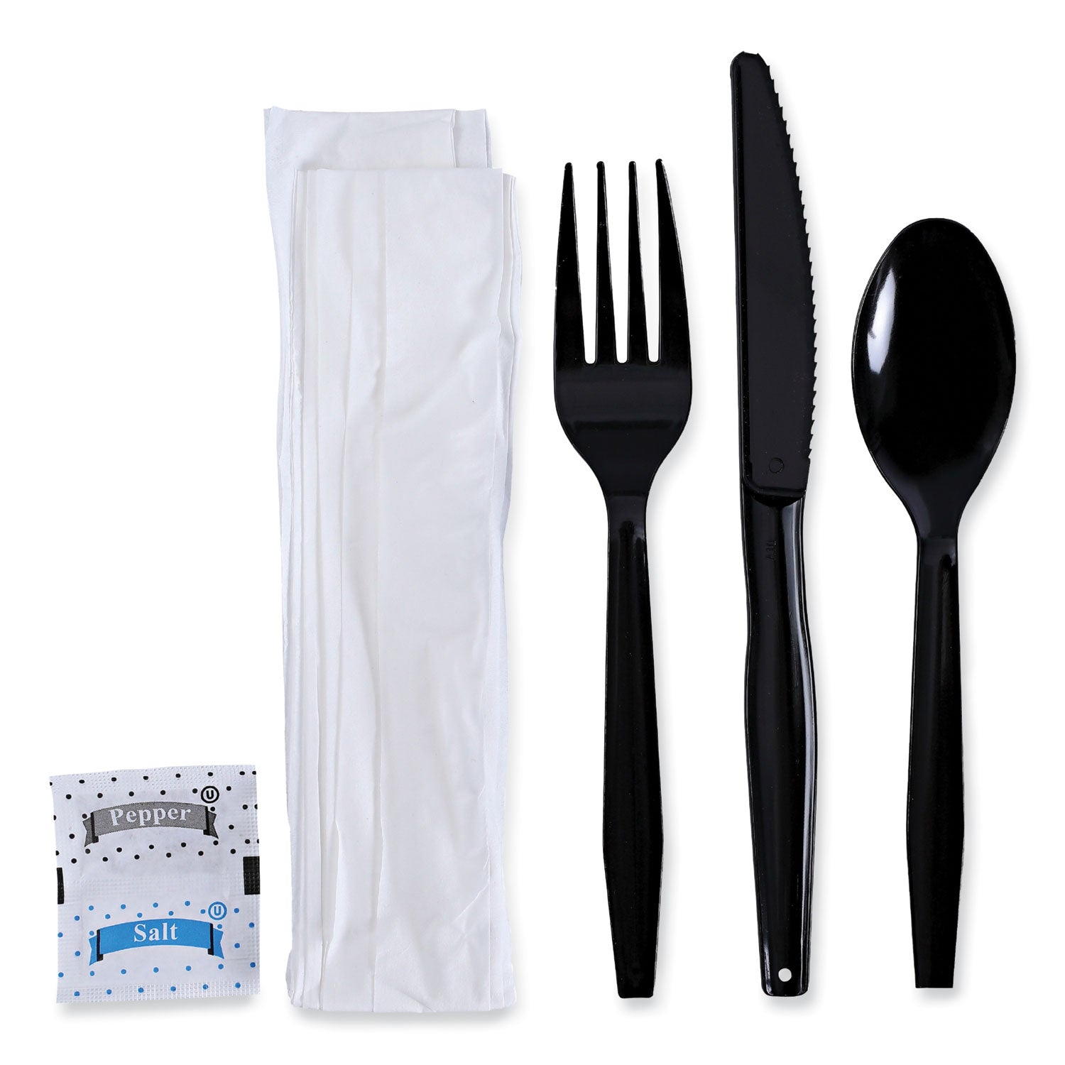 Boardwalk® Six-Piece Cutlery Kit, Mediumweight, Fork/Knife/Napkin/Pepper/Salt/Spoon, Plastic, Black, 250/Carton