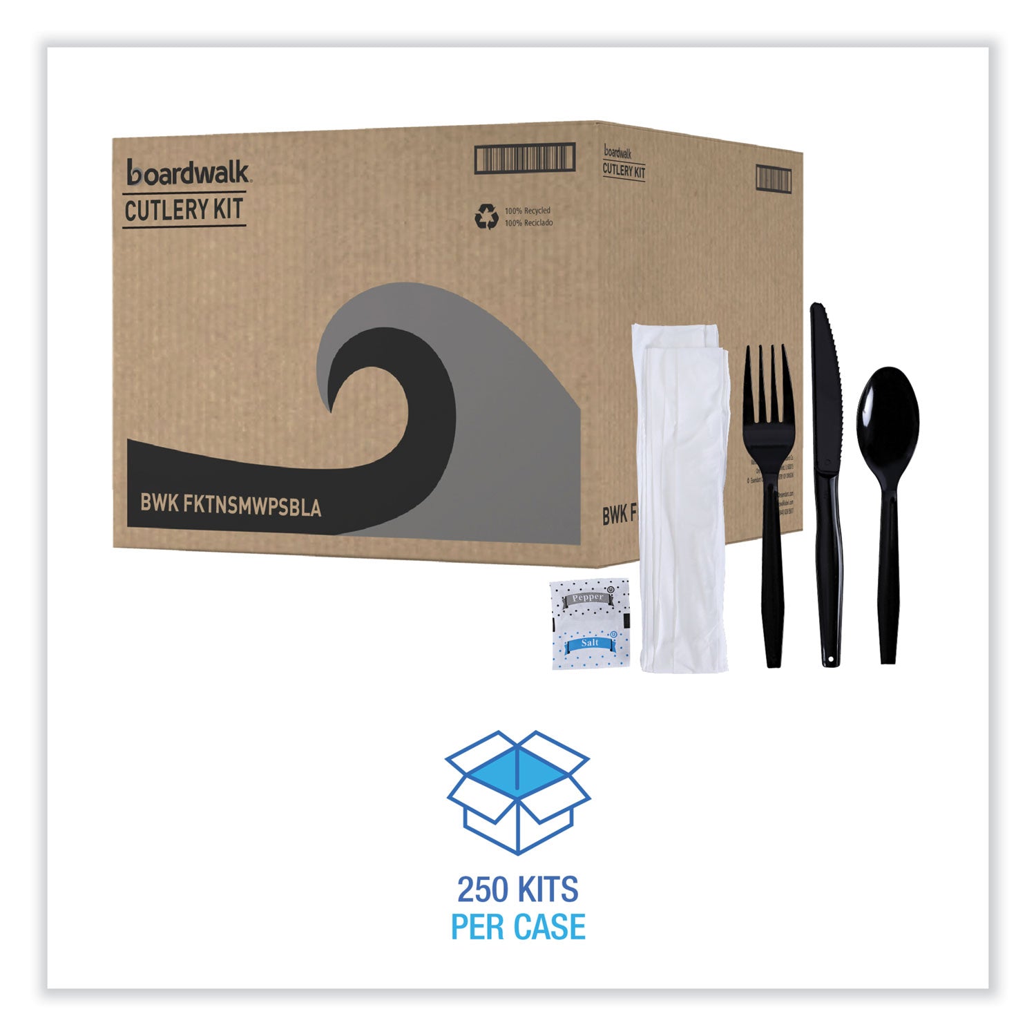 Boardwalk® Six-Piece Cutlery Kit, Mediumweight, Fork/Knife/Napkin/Pepper/Salt/Spoon, Plastic, Black, 250/Carton