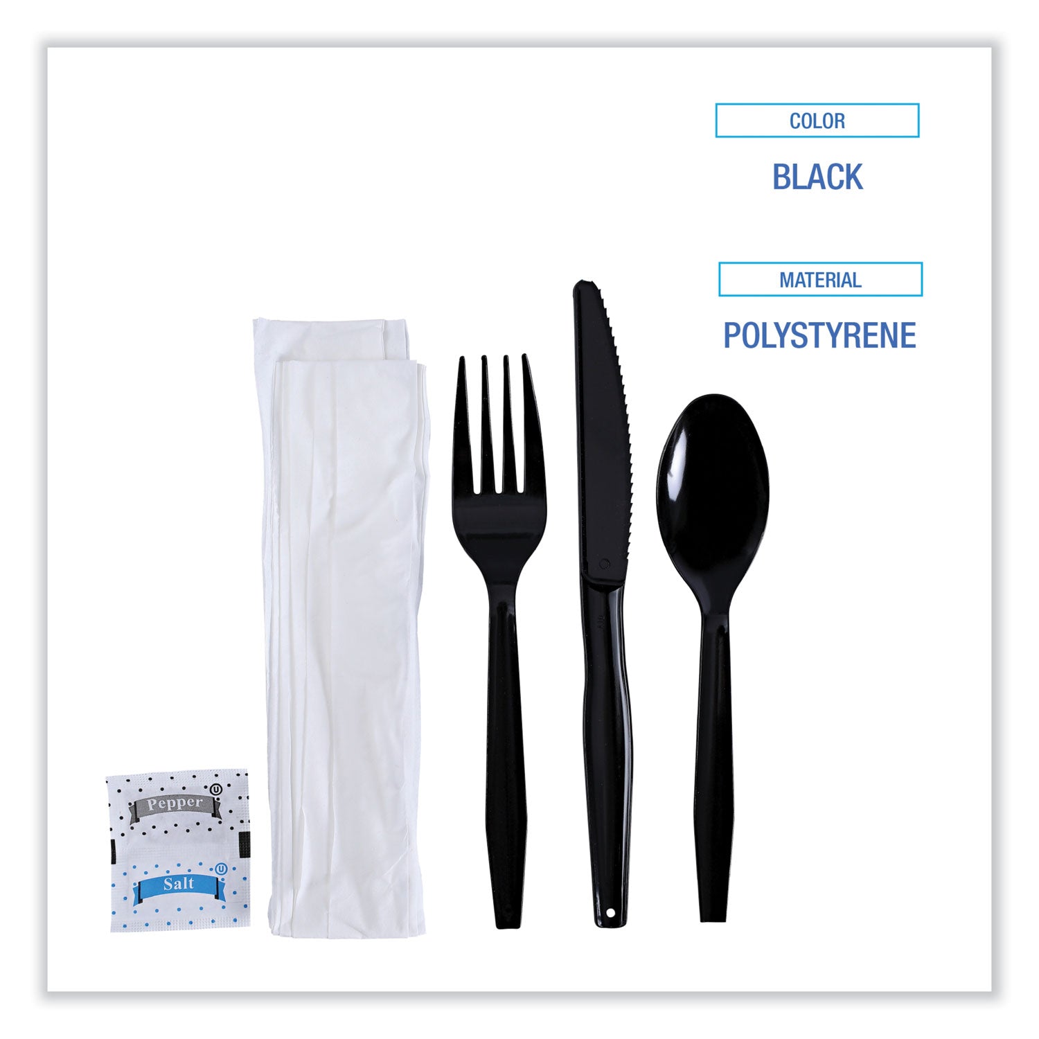 Boardwalk® Six-Piece Cutlery Kit, Mediumweight, Fork/Knife/Napkin/Pepper/Salt/Spoon, Plastic, Black, 250/Carton