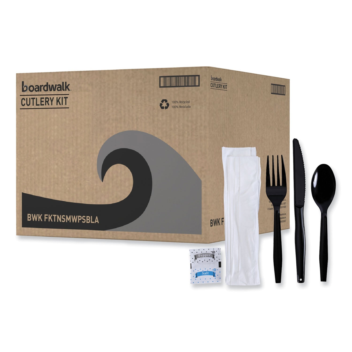 Boardwalk® Six-Piece Cutlery Kit, Mediumweight, Fork/Knife/Napkin/Pepper/Salt/Spoon, Plastic, Black, 250/Carton