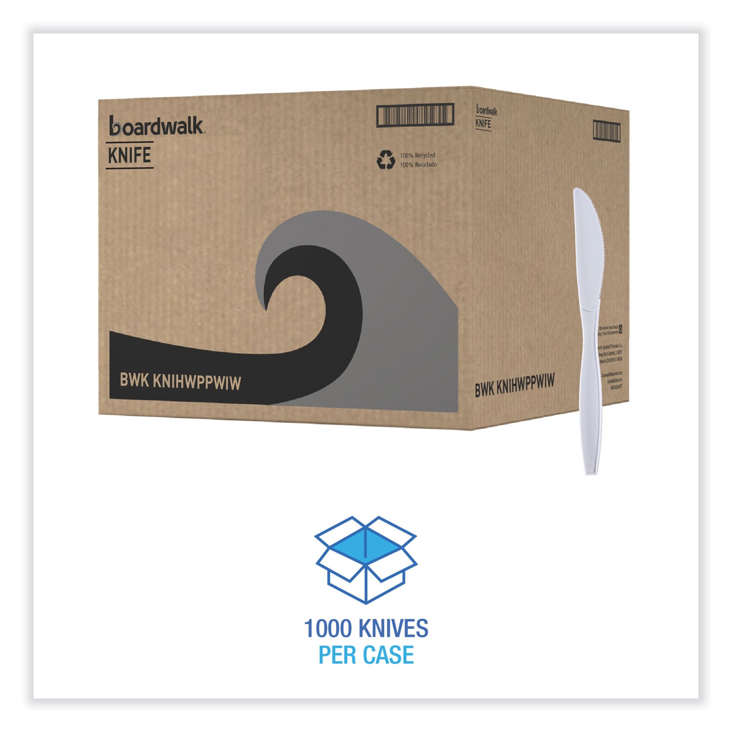 Boardwalk® Heavyweight Wrapped Polypropylene Cutlery, Knife, Plastic, White, 1,000/Carton
