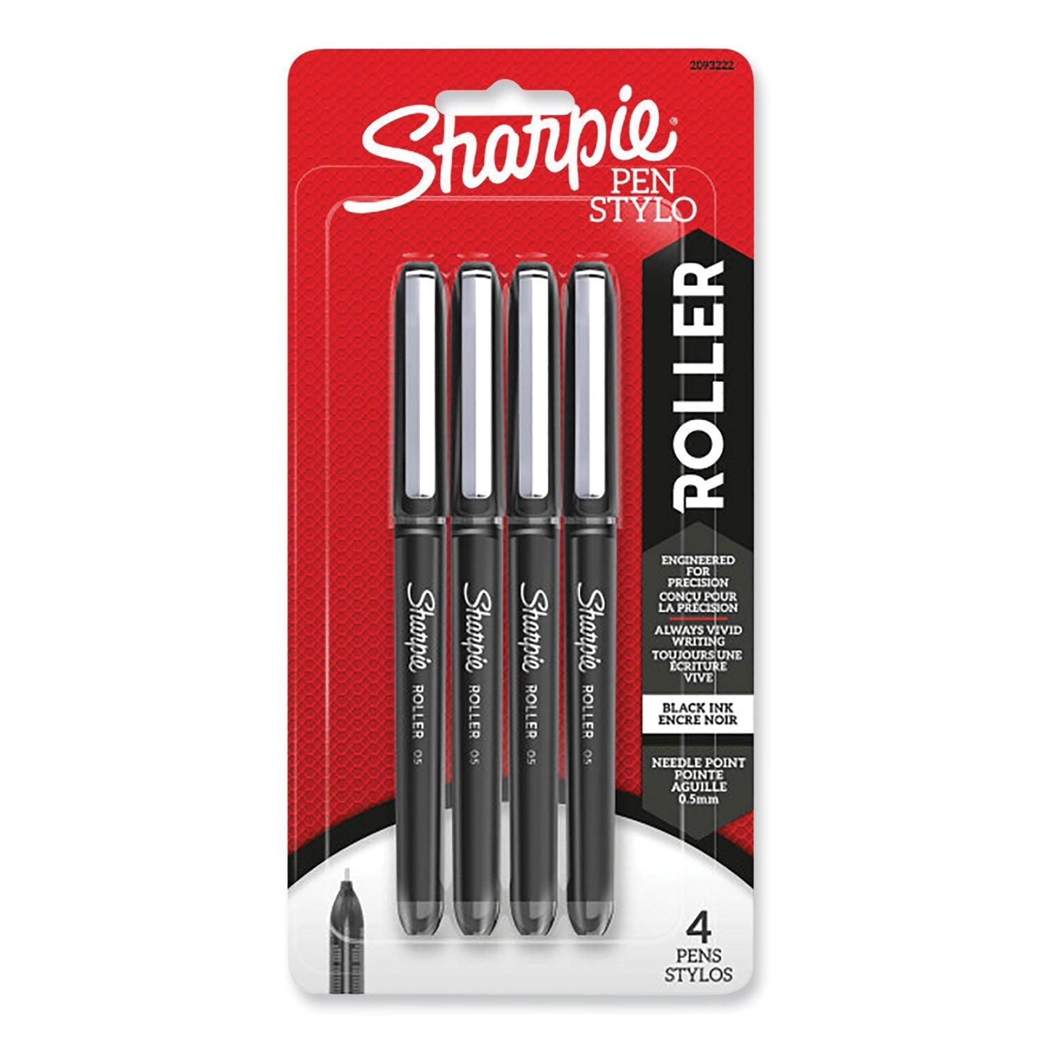 Sharpie® Roller Professional Design Rollerball Pen, Stick, Fine 0.5 mm, Black Ink, Black Barrel, 4/Pack