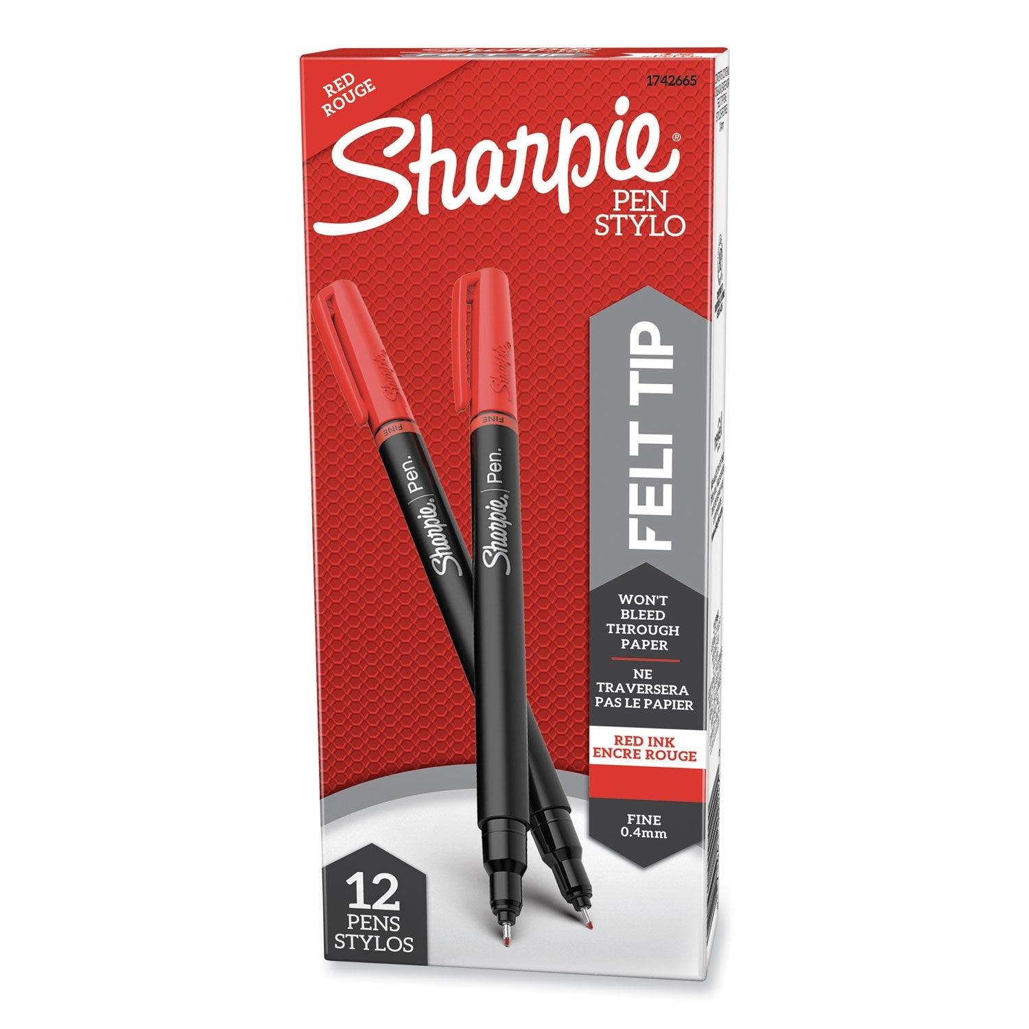 Sharpie® Water-Resistant Ink Porous Point Pen, Stick, Fine 0.4 mm, Red Ink, Black/Red Barrel, Dozen