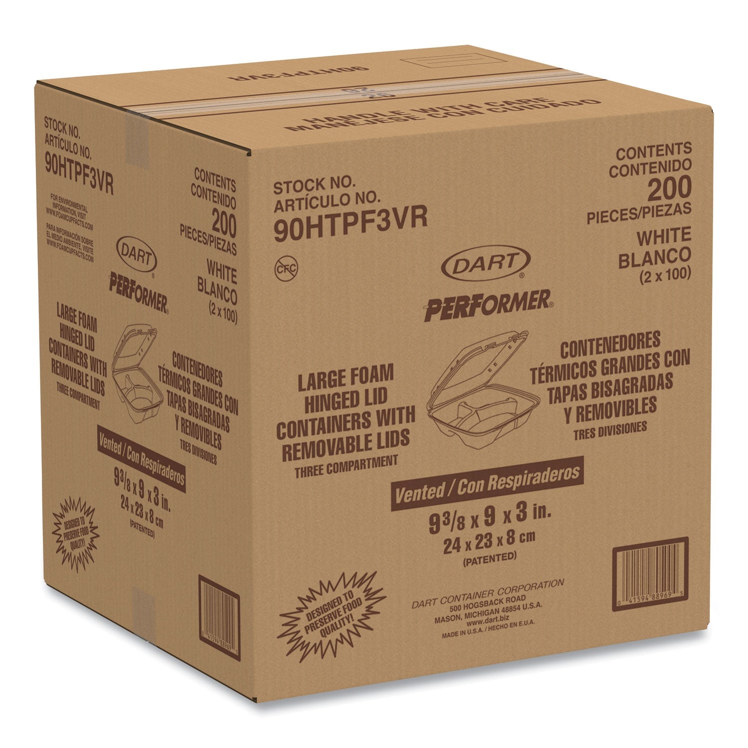 Dart® Insulated Foam Hinged Lid Containers, 3 Compartments, 9.01 x 9.4 x 3.1, White, 200/Carton - Bloom Skins