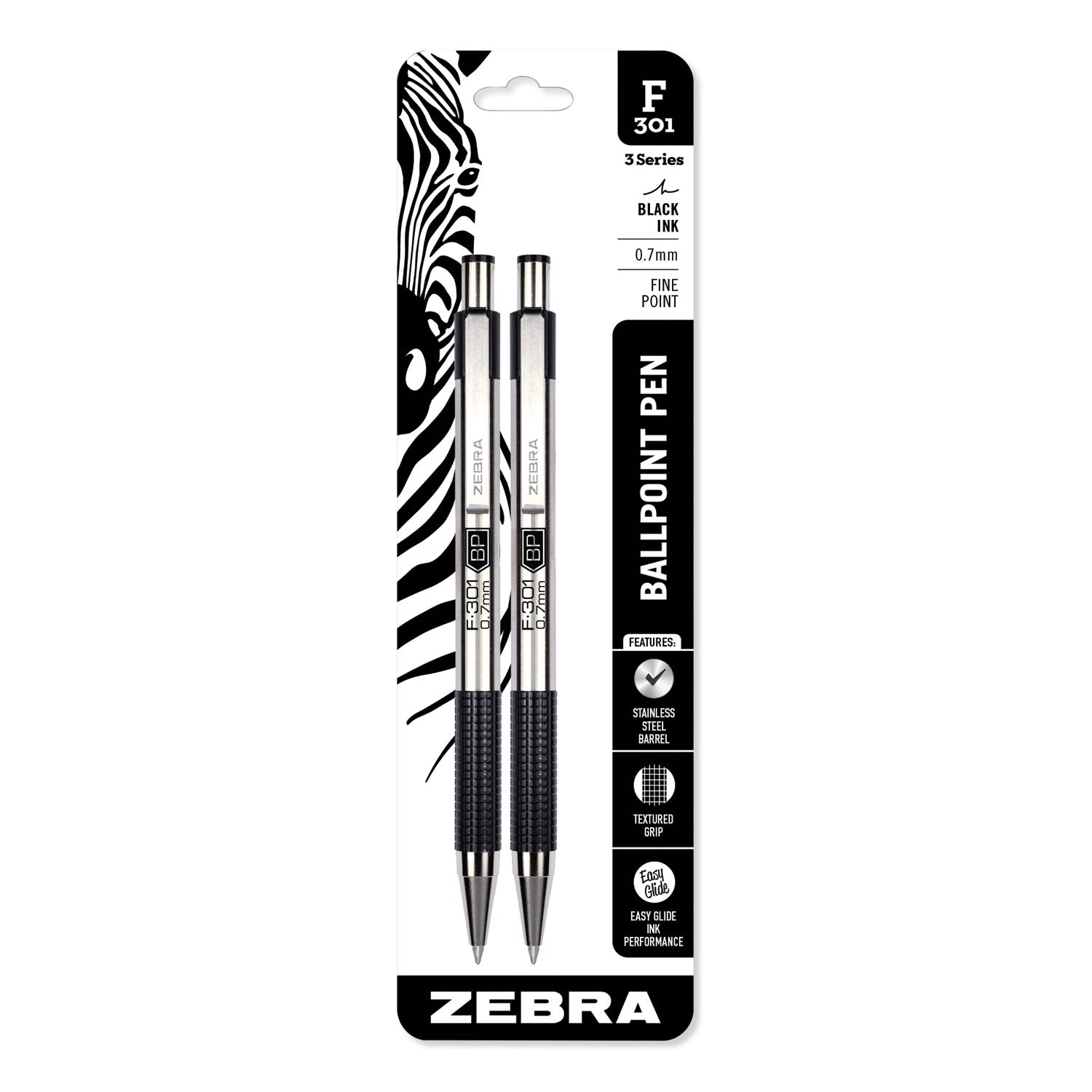 Zebra® F-301 Ballpoint Pen, Retractable, Fine 0.7 Mm, Black Ink, Stainless Steel/black Barrel, 2/pack
