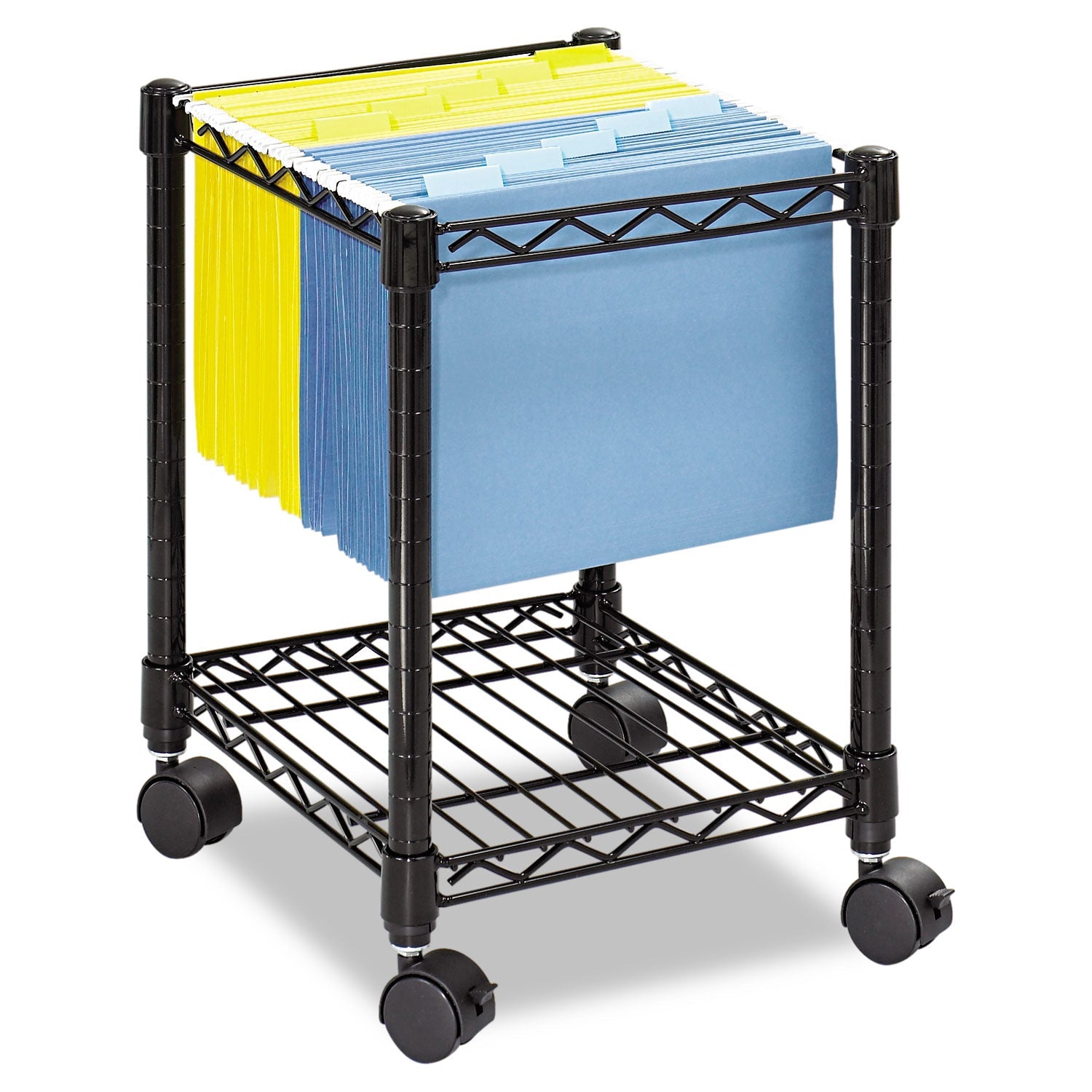 Safco® Compact Mobile Wire File Cart, Metal, 1 Shelf, 1 Bin, 15.5" x 14" x 19.75", Black