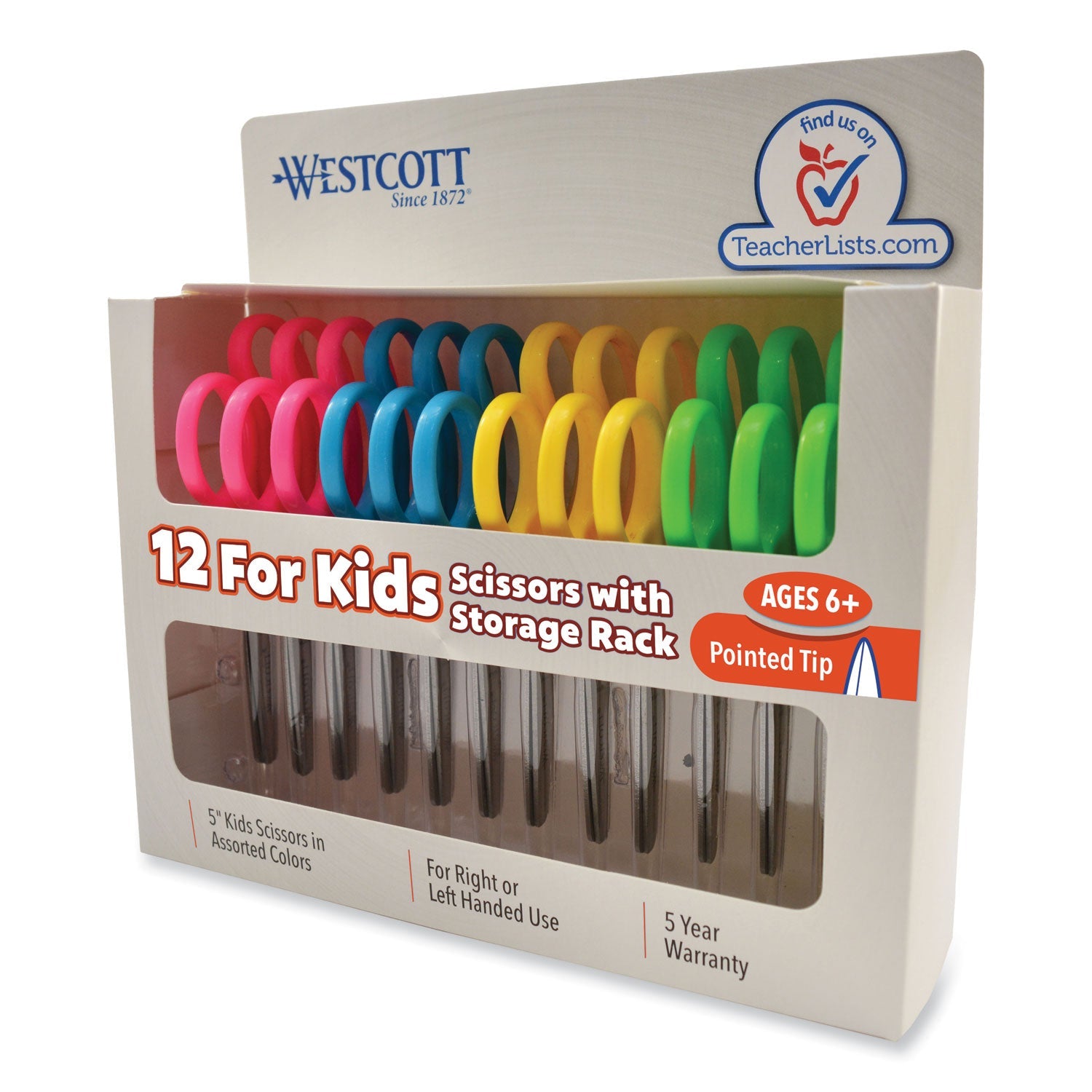 Westcott® For Kids Scissors Teacher's Pack, Pointed Tip, 5" Long, 1.75" Cut Length, Straight Assorted Color Handles, 12/Pack