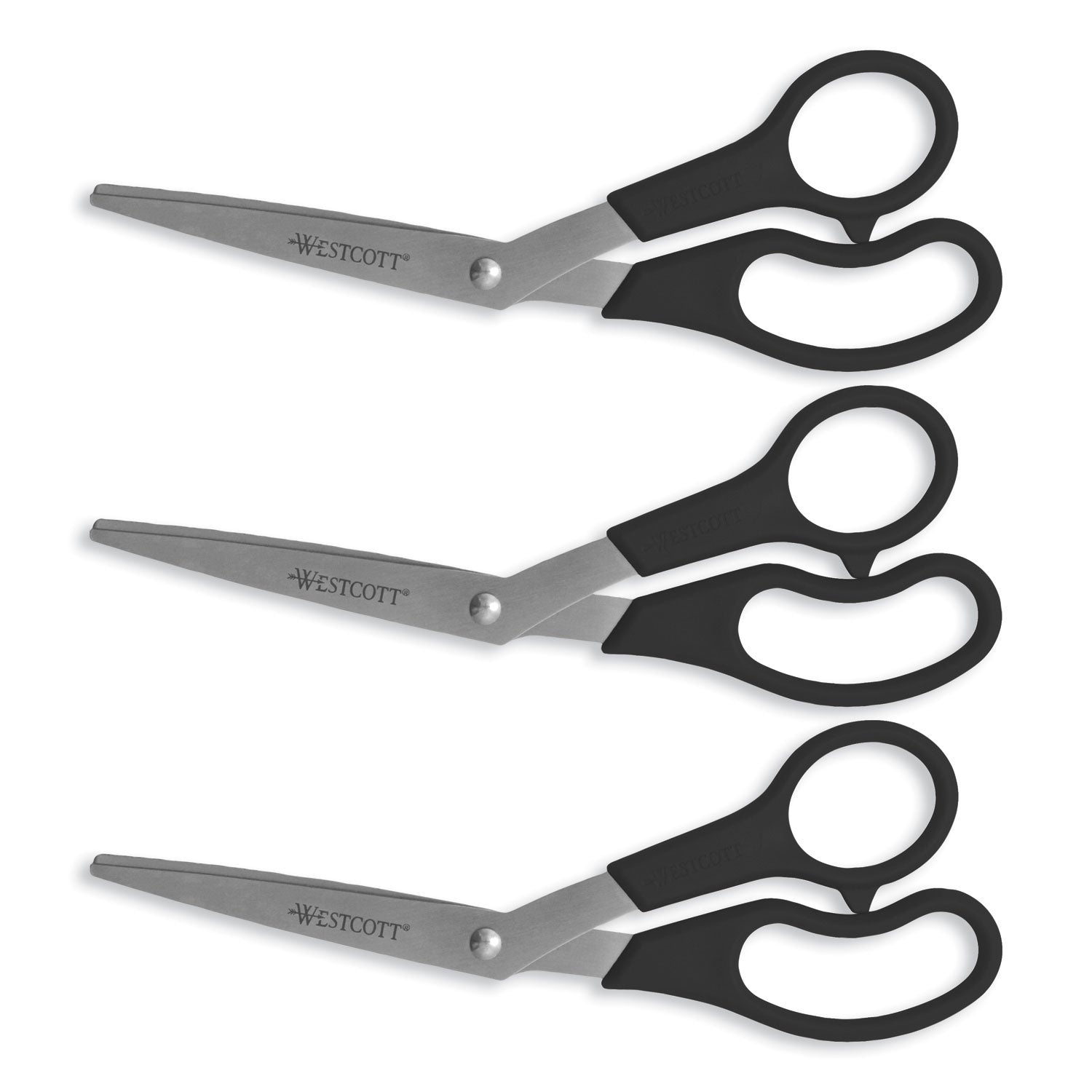 Westcott® Value Line Stainless Steel Shears Value Pack, 8" Long, 3.5" Cut Length, Crane-Style Black Handle, 3/Pack