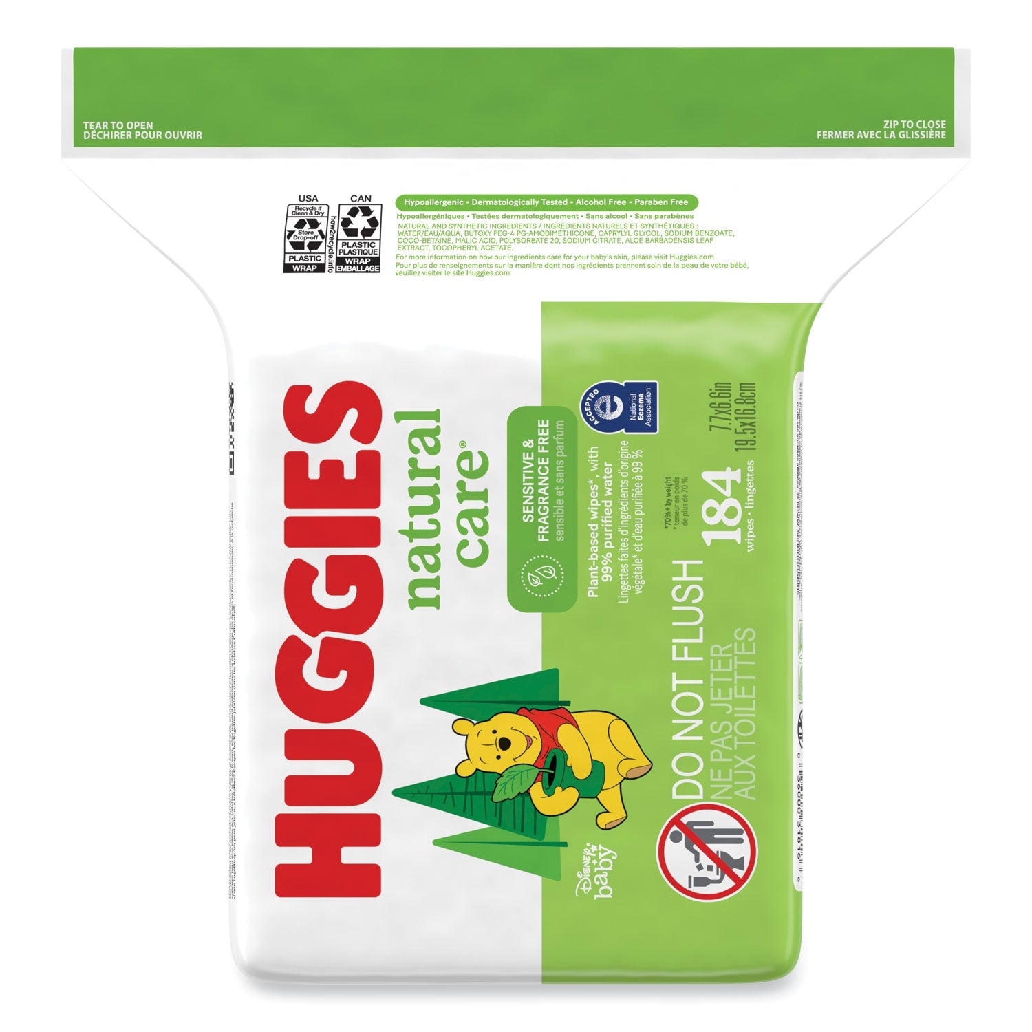 Huggies® Natural Care Sensitive Baby Wipes, 1-Ply, 3.88 x 6.6, Unscented, White, 184/Pack, 3 Packs/Carton