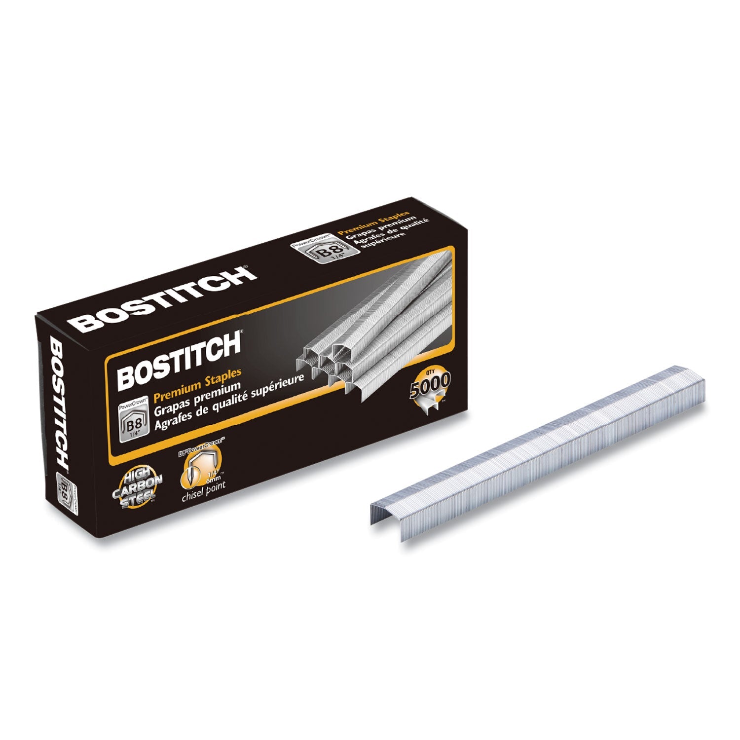 Bostitch® B8 Powercrown Premium Staples, 0.25" Leg, 0.5" Crown, Steel, 5,000/box