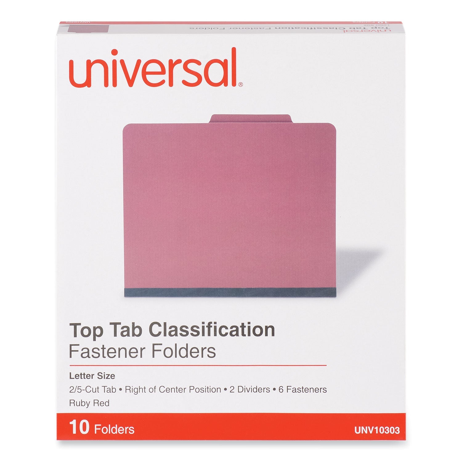 Universal® Bright Colored Pressboard Classification Folders, 2" Expansion, 2 Dividers, 6 Fasteners, Letter Size, Ruby Red, 10/Box
