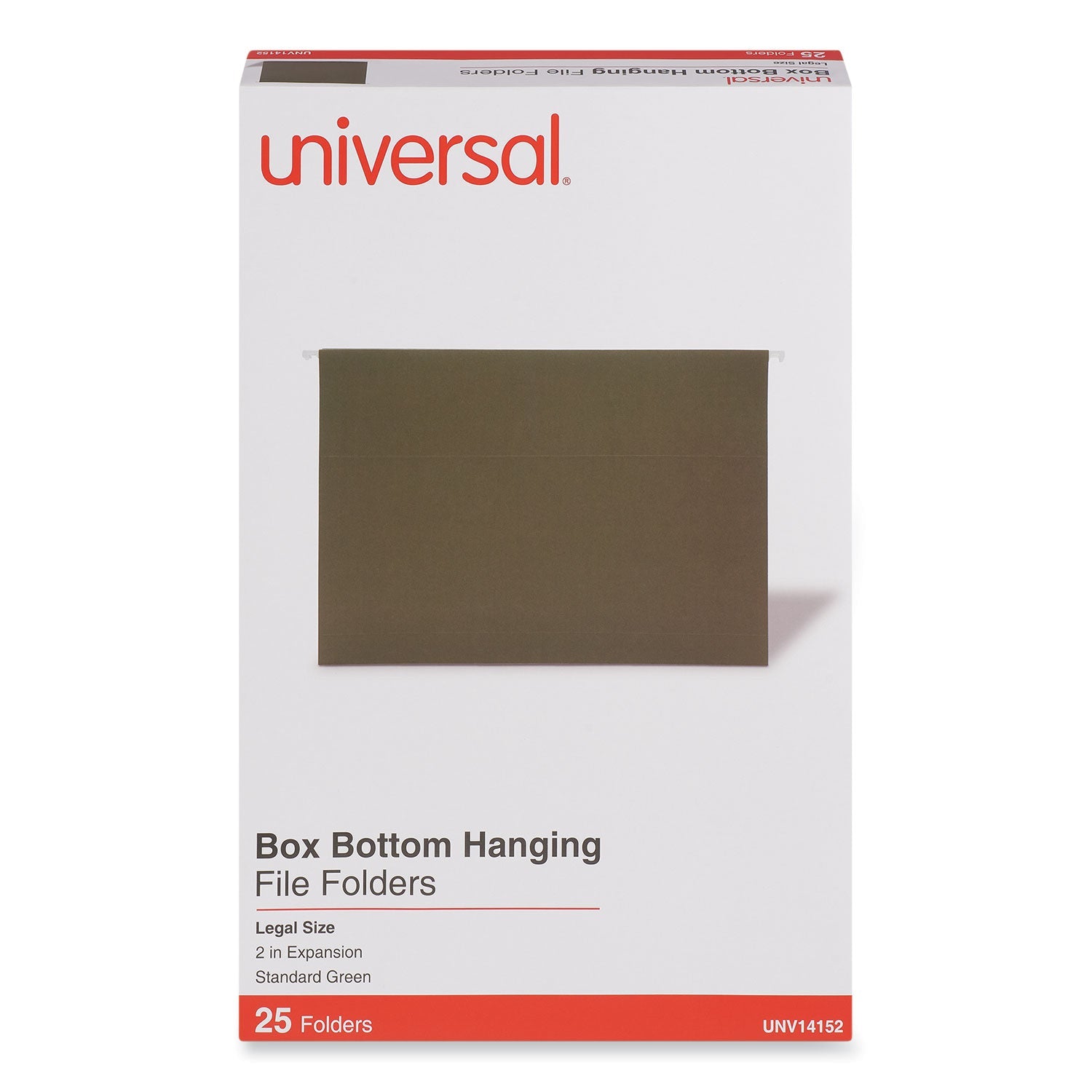 Universal® Box Bottom Hanging File Folders, 2" Capacity, Legal Size, 1/5-Cut Tabs, Standard Green, 25/Box