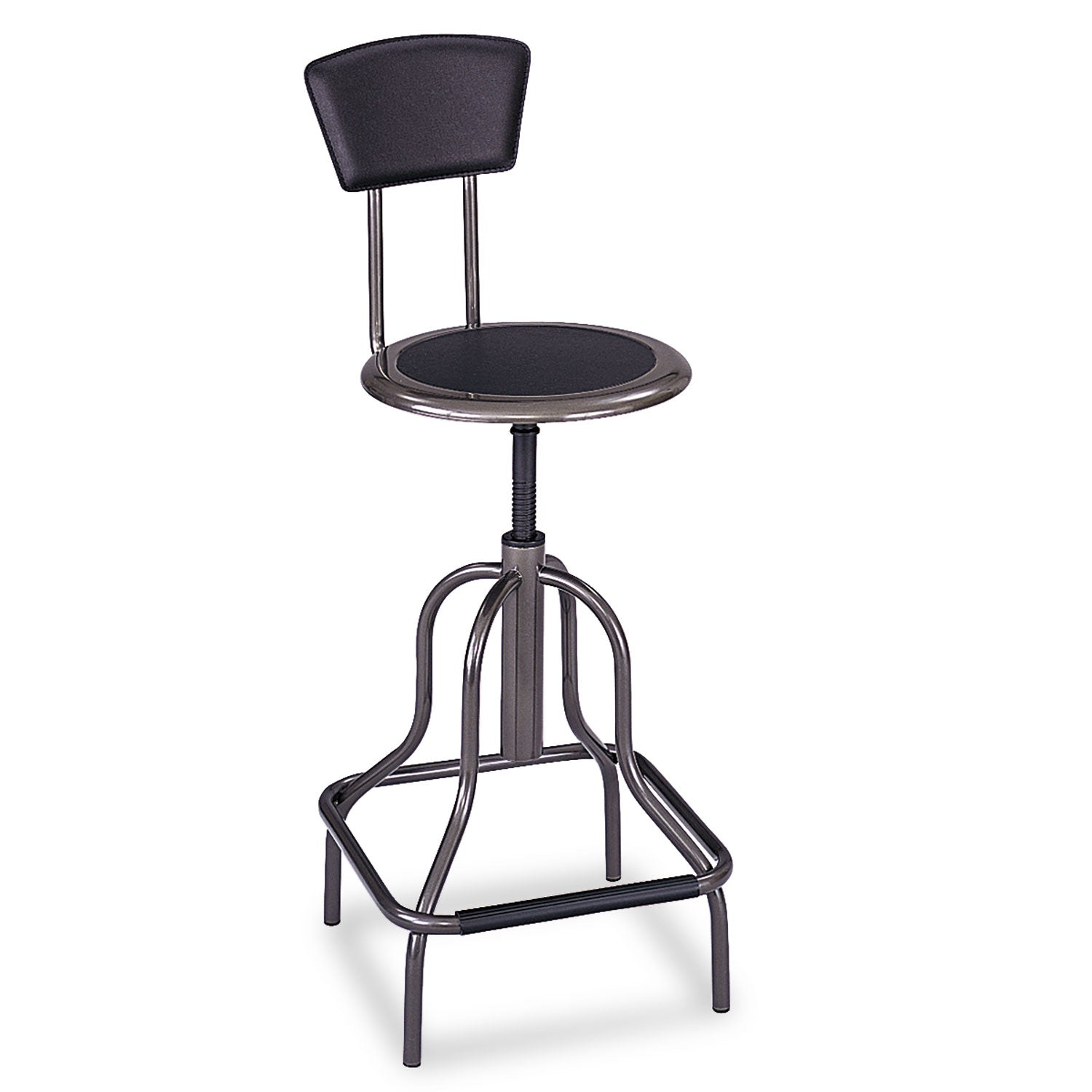 Safco® Diesel Industrial Stool with Back, Supports Up to 250 lb, 22" to 27" Seat Height, Black Seat/Back, Pewter Base