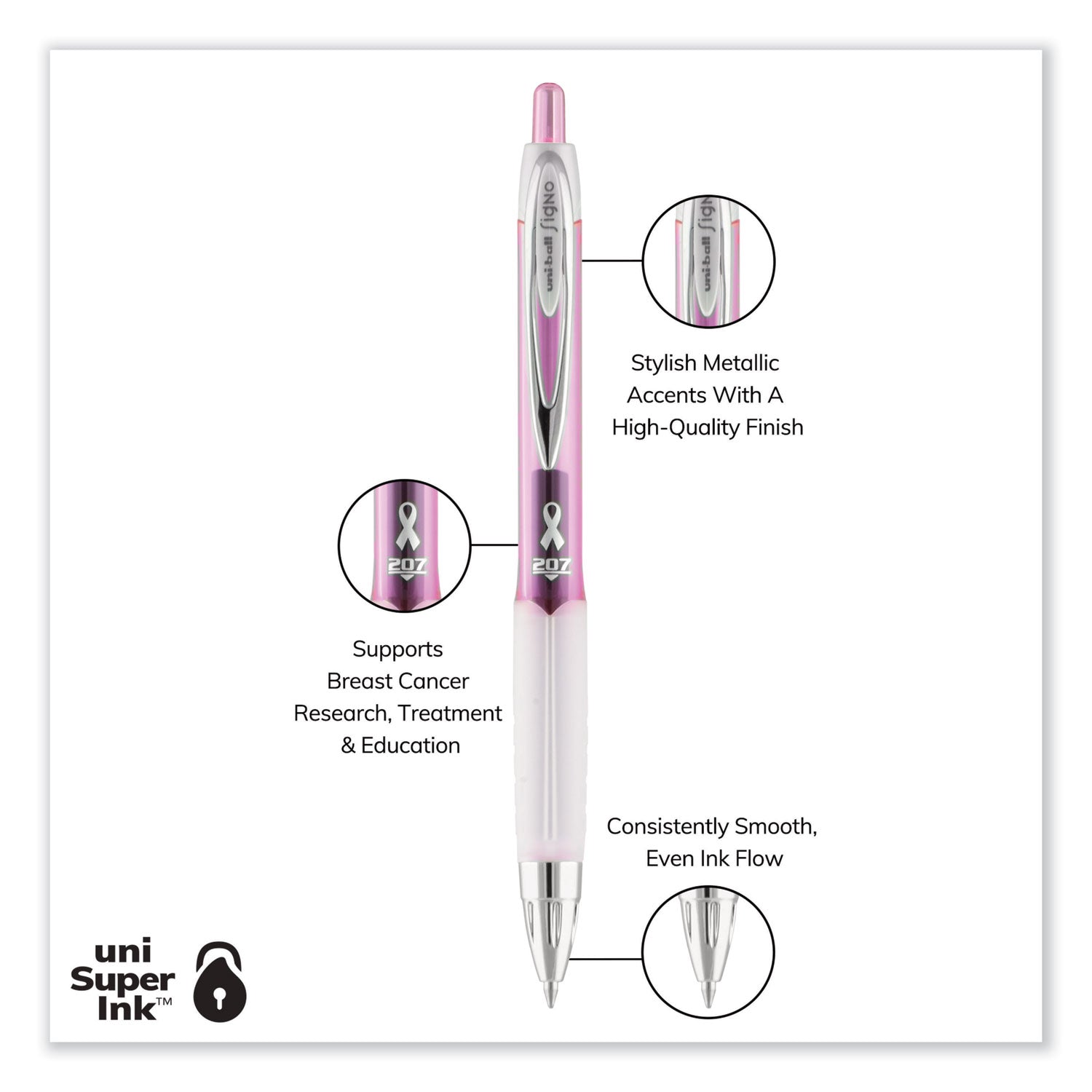 uniball® Signo 207 Breast Cancer Awareness Gel Pen, Retractable, Medium 0.7 mm, Black Ink, Translucent Pink/White Barrel, 2/Pack