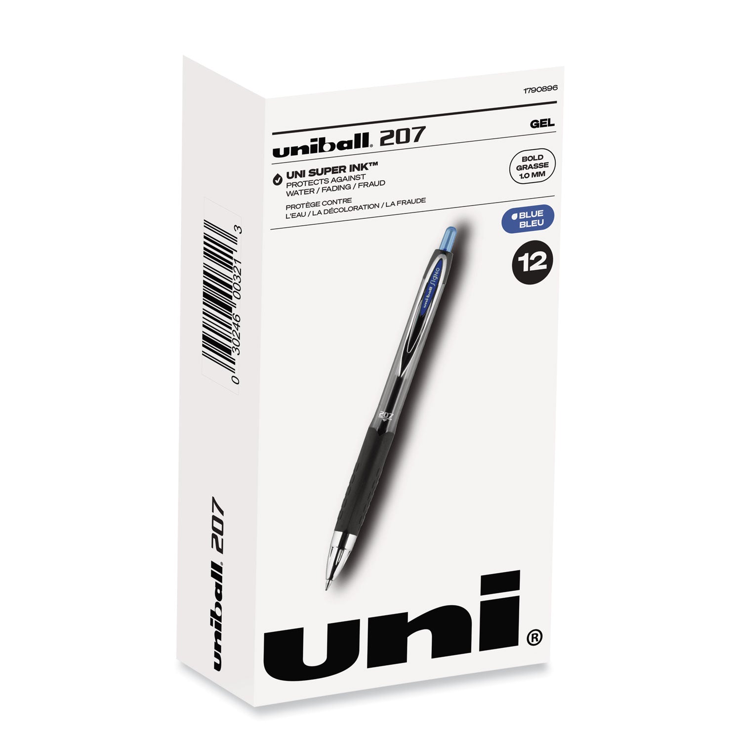 uniball® Signo 207 Gel Pen, Retractable, Bold 1 mm, Blue Ink, Smoke/Black/Blue Barrel, Dozen