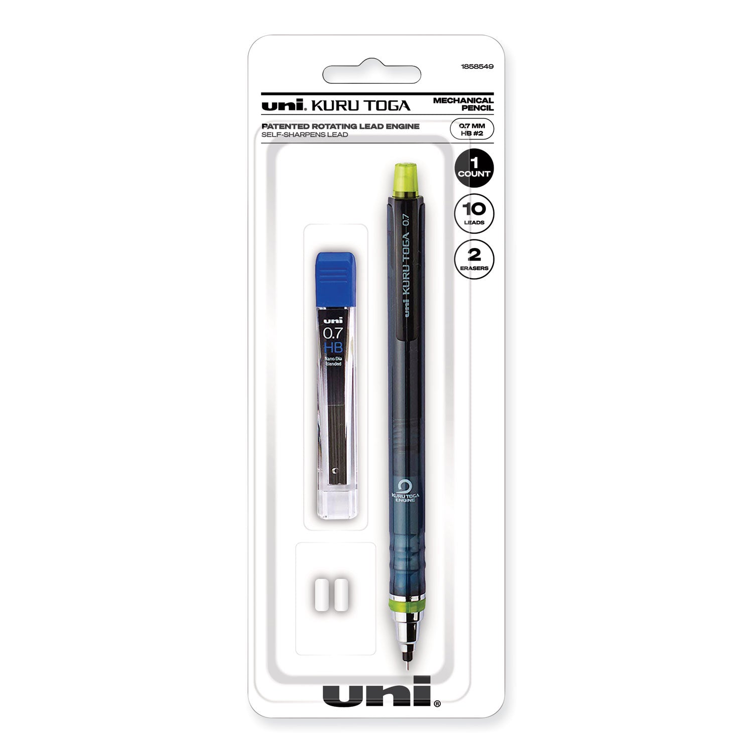 uniball® KuruToga Mechanical Pencil with Tube of Diamond Lead, 0.7 mm, HB (#2), Black Lead, Black/Green Barrel