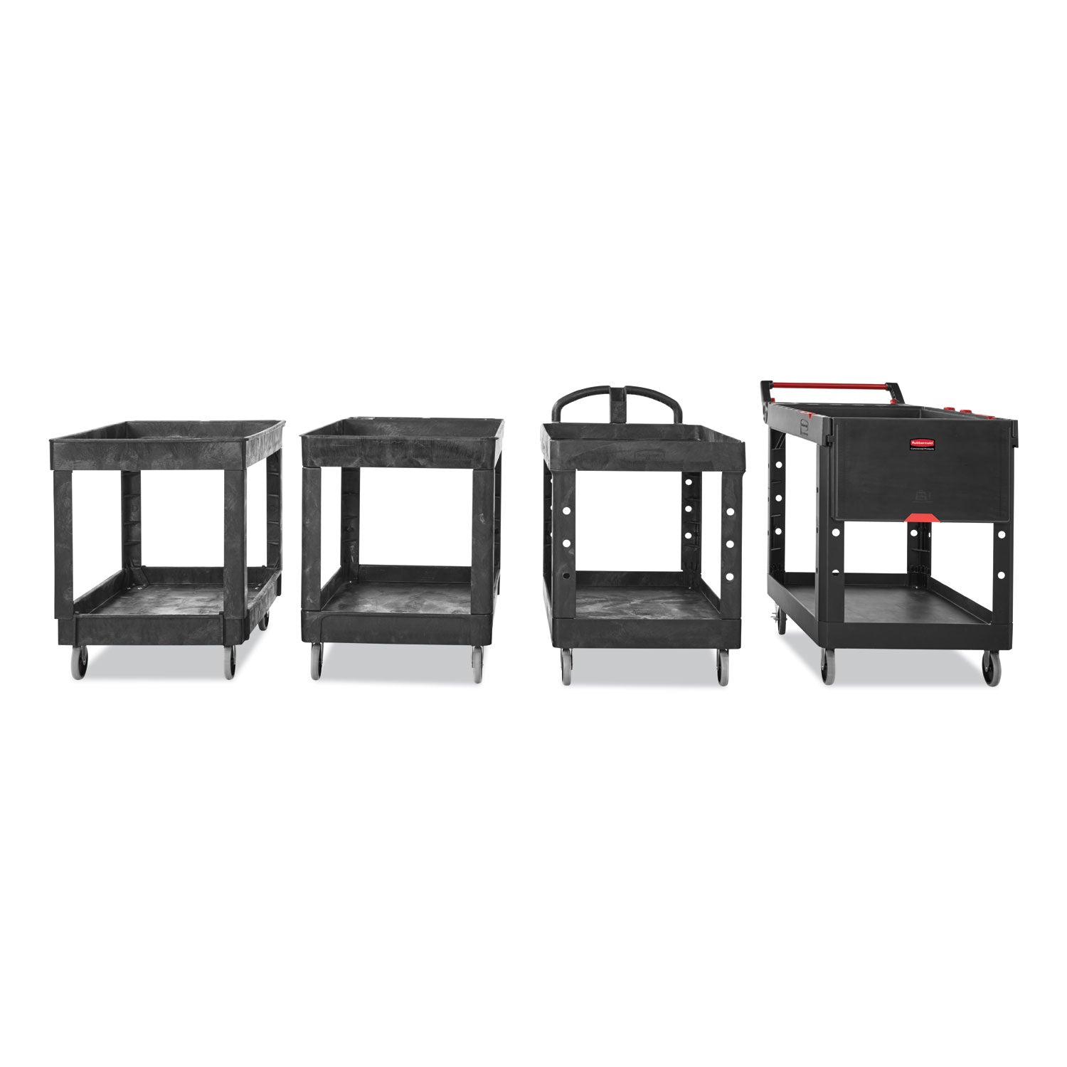 Rubbermaid® Commercial Heavy-Duty Flat-Handle Maintenance/Utility Cart, Plastic, 2 Shelves, 500 lb Capacity, 24" x 40" x 31.25", Black