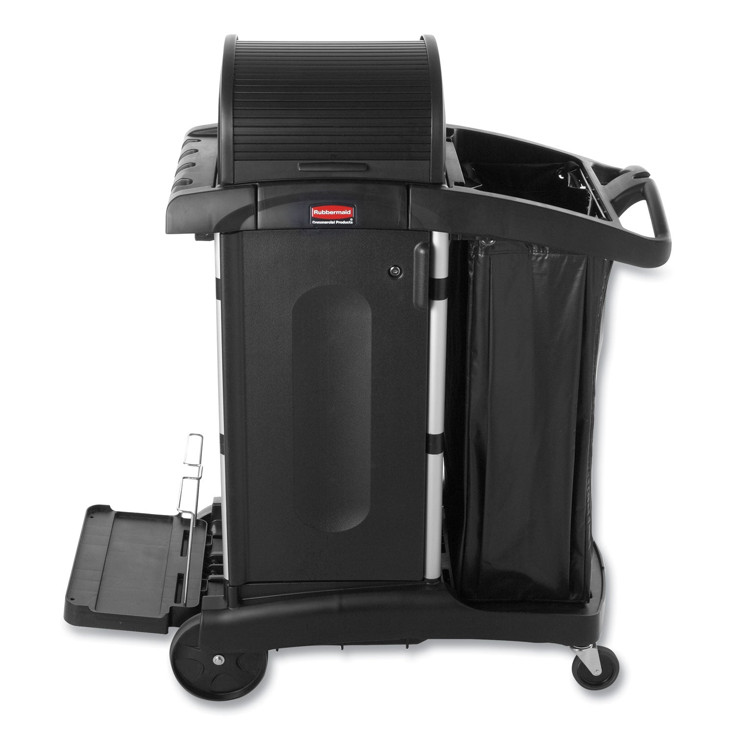 Rubbermaid® Commercial High-Security Healthcare Cleaning Cart, Metal, 4 Shelves, 1 Bin, 22" x 48.25" x 53.5", Black