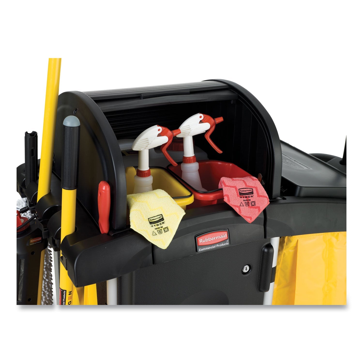 Rubbermaid® Commercial High-Security Healthcare Cleaning Cart, Metal, 4 Shelves, 1 Bin, 22" x 48.25" x 53.5", Black