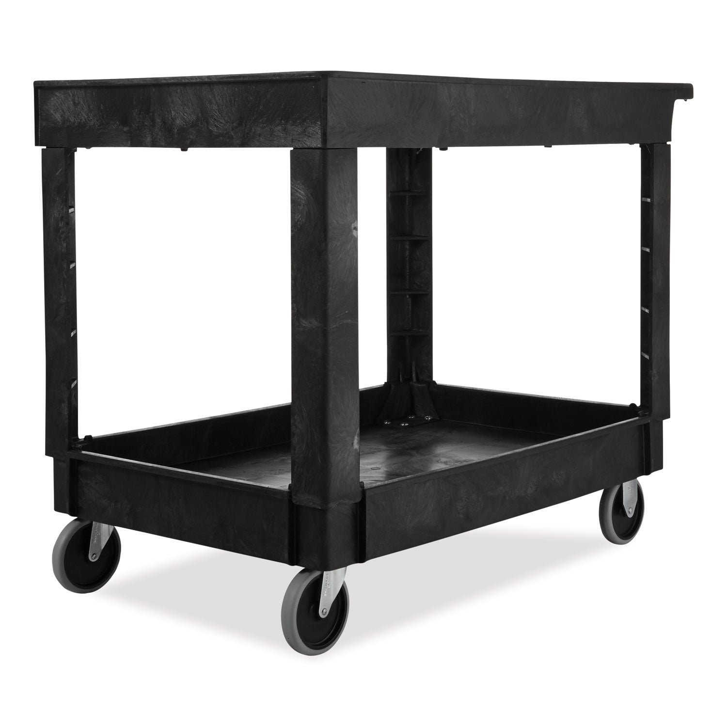 Rubbermaid® Commercial Heavy-Duty Flat-Handle Maintenance/Utility Cart, Plastic, 2 Shelves, 500 lb Capacity, 24" x 40" x 31.25", Black