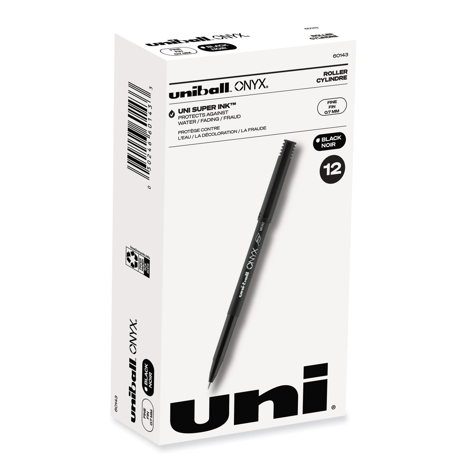 uniball® ONYX Rollerball Pen, Stick, Fine 0.7 mm, Black Ink, Black Barrel, Dozen
