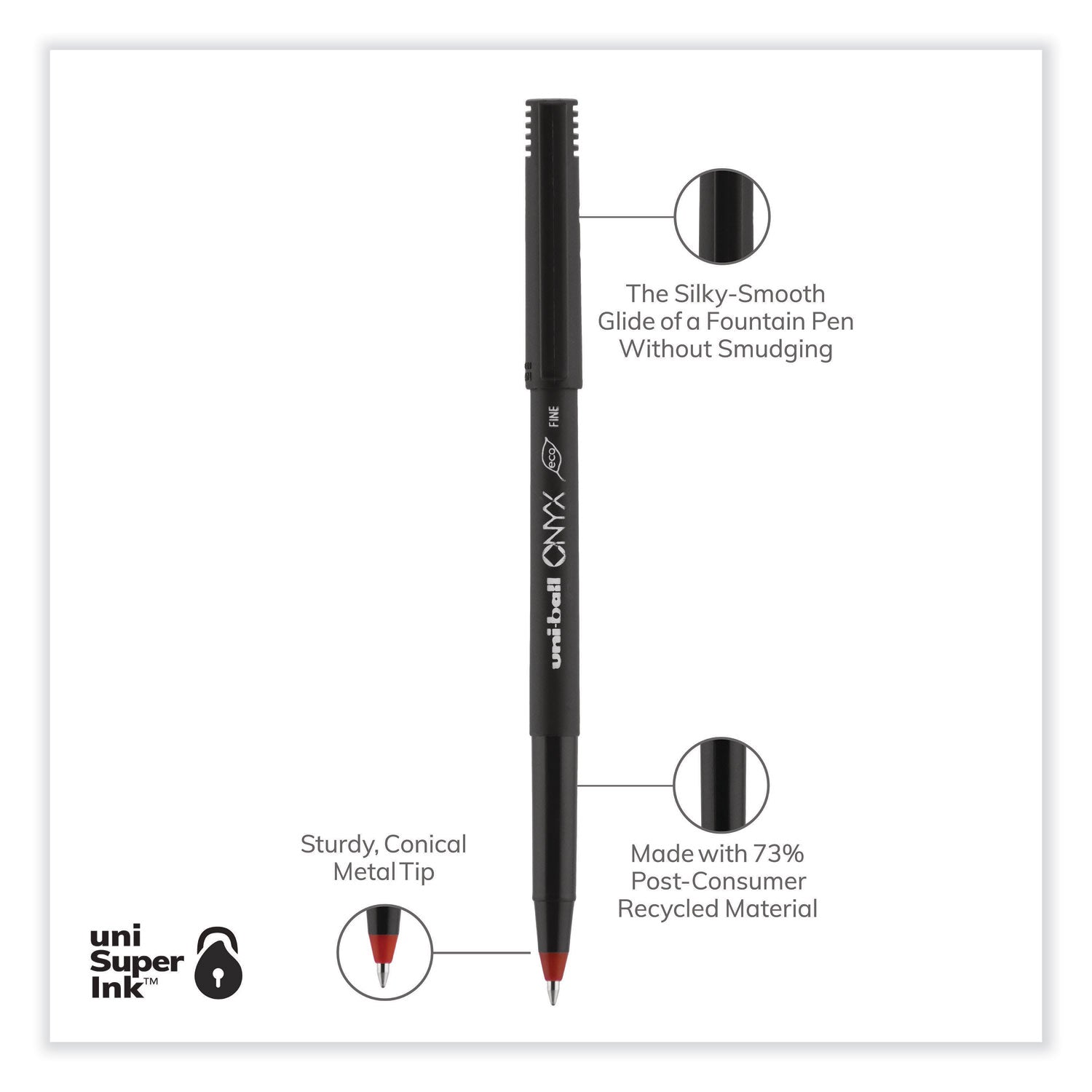 uniball® ONYX Rollerball Pen, Stick, Fine 0.7 mm, Red Ink, Black/Red Barrel, Dozen