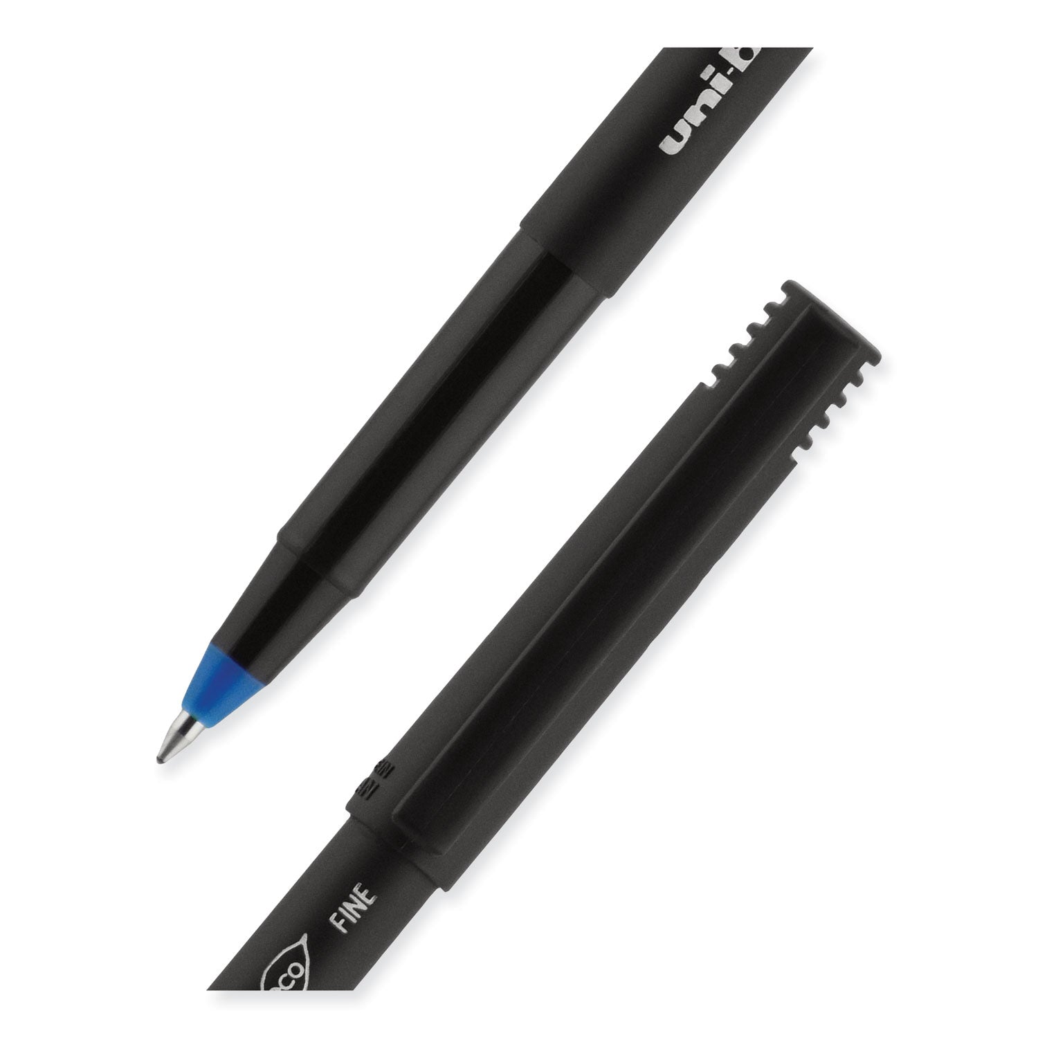 uniball® ONYX Rollerball Pen, Stick, Fine 0.7 mm, Blue Ink, Black/Blue Barrel, Dozen
