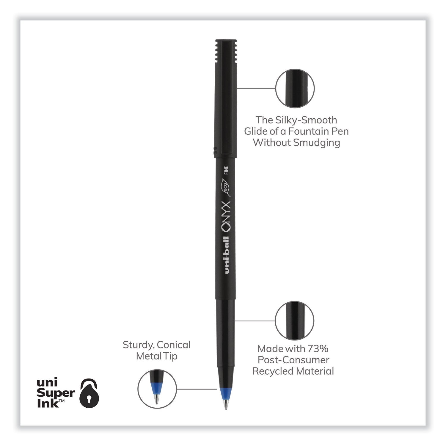 uniball® ONYX Rollerball Pen, Stick, Fine 0.7 mm, Blue Ink, Black/Blue Barrel, Dozen