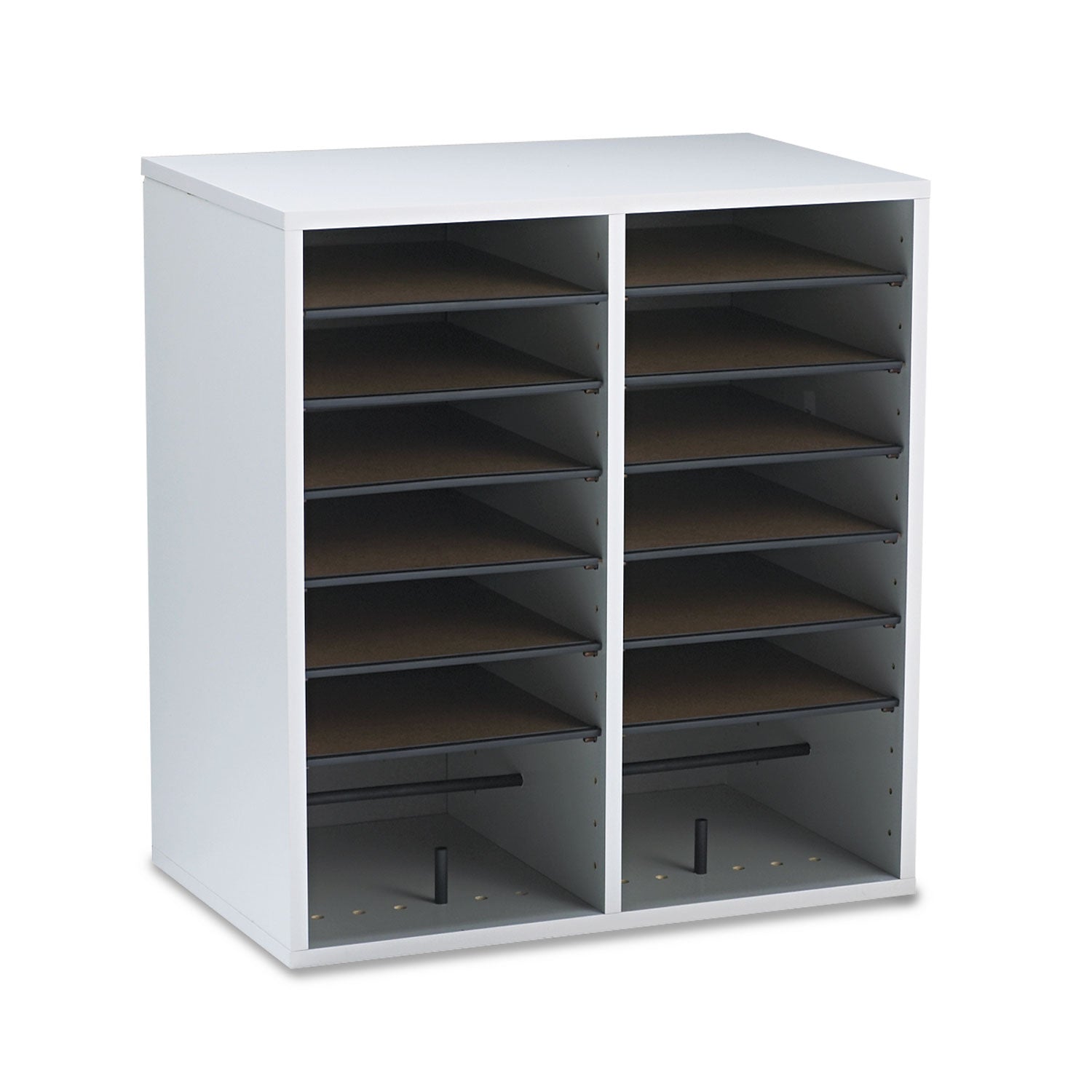 Safco® Wood/Laminate Literature/CD Sorter, 16 Compartments, 19.5 x 11.75 x 21, Gray Wood