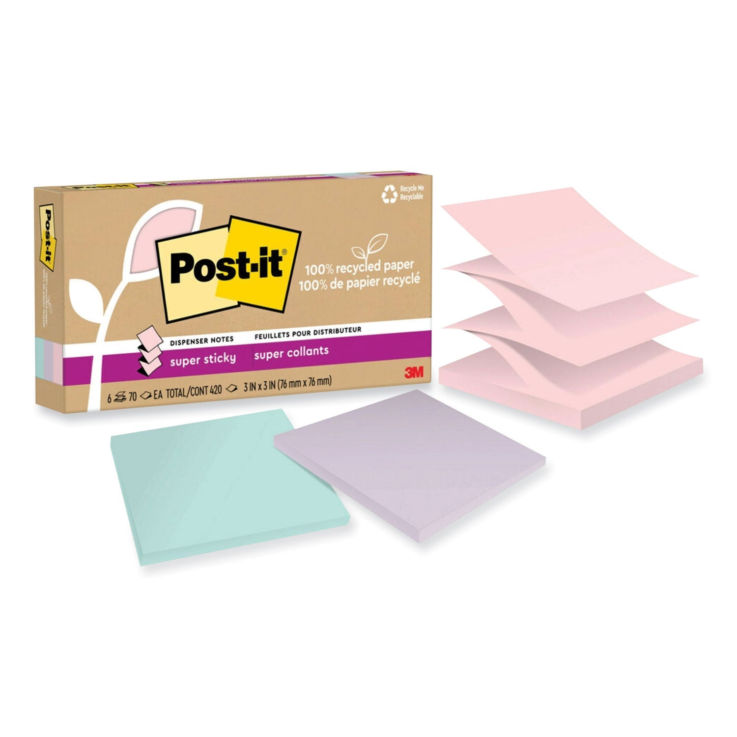 Post-it® Notes Super Sticky 100% Recycled Paper Super Sticky Notes, 3" x 3", Wanderlust Pastels, 70 Sheets/Pad, 6 Pads/Pack