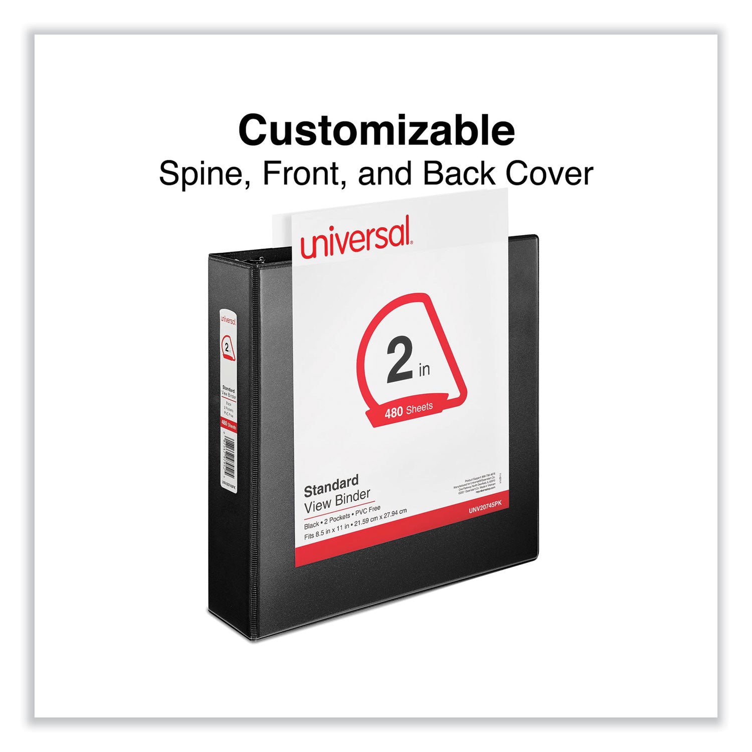 Universal® Slant D-Ring View Binder, 3 Rings, 2" Capacity, 11 x 8.5, Black, 6/Carton