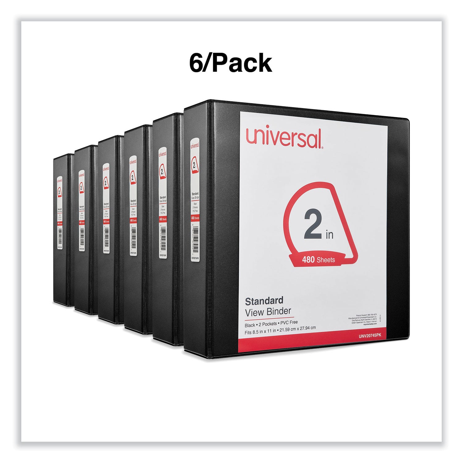 Universal® Slant D-Ring View Binder, 3 Rings, 2" Capacity, 11 x 8.5, Black, 6/Carton