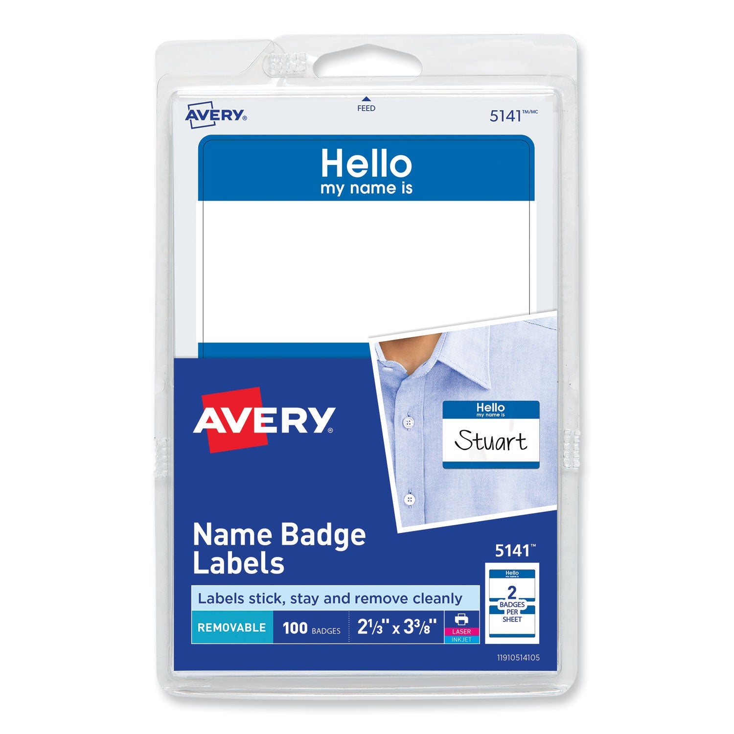 Avery® Printable Adhesive Name Badges, 3.38 X 2.33, Blue "hello", 100/pack
