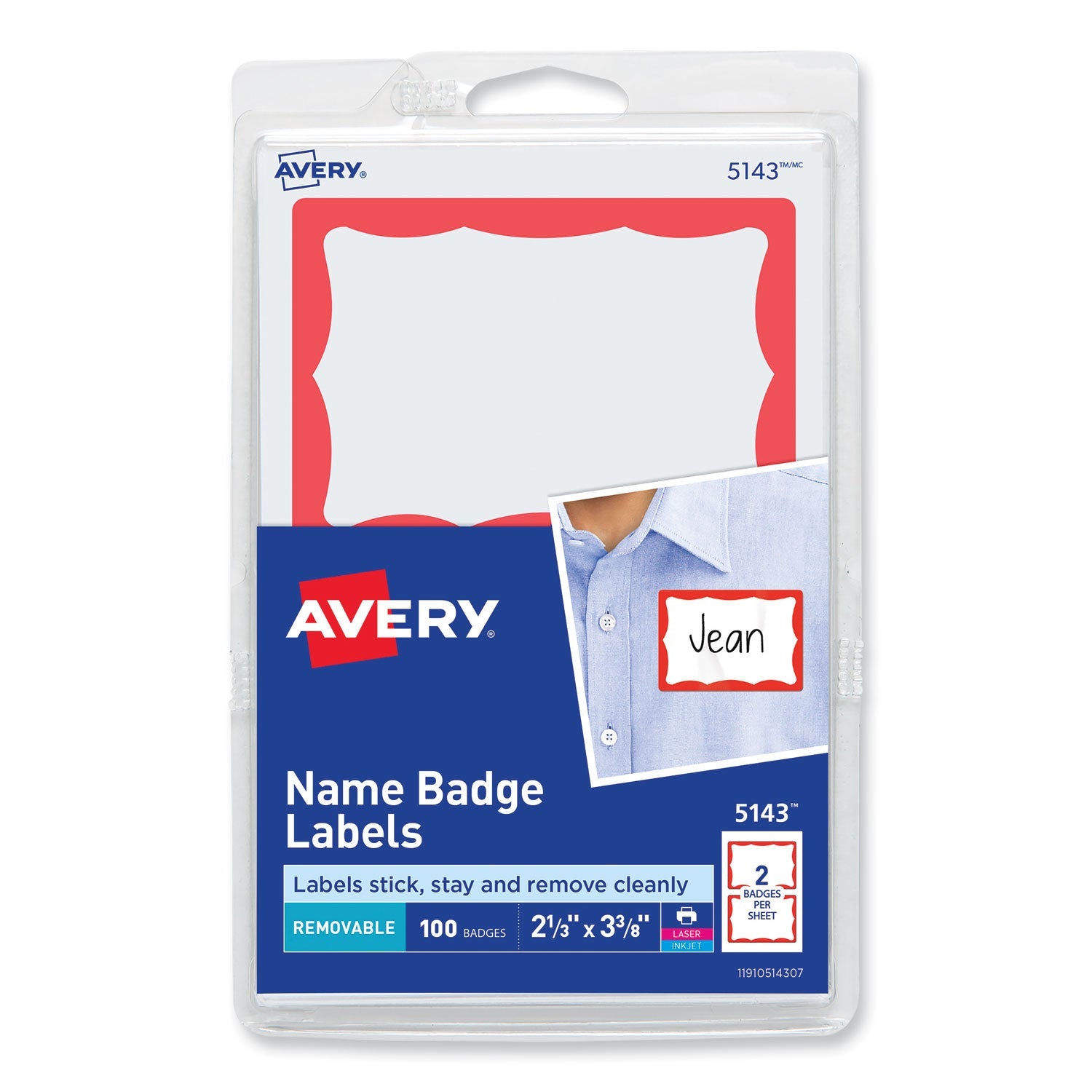 Avery® Printable Adhesive Name Badges, 3.38 X 2.33, Red Border, 100/pack