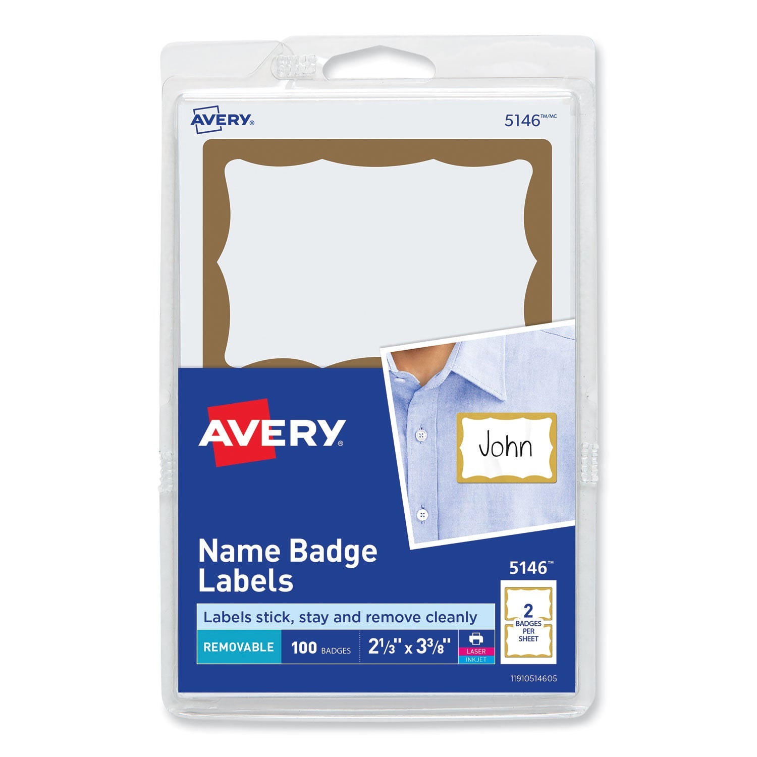 Avery® Printable Adhesive Name Badges, 3.38 X 2.33, Gold Border, 100/pack
