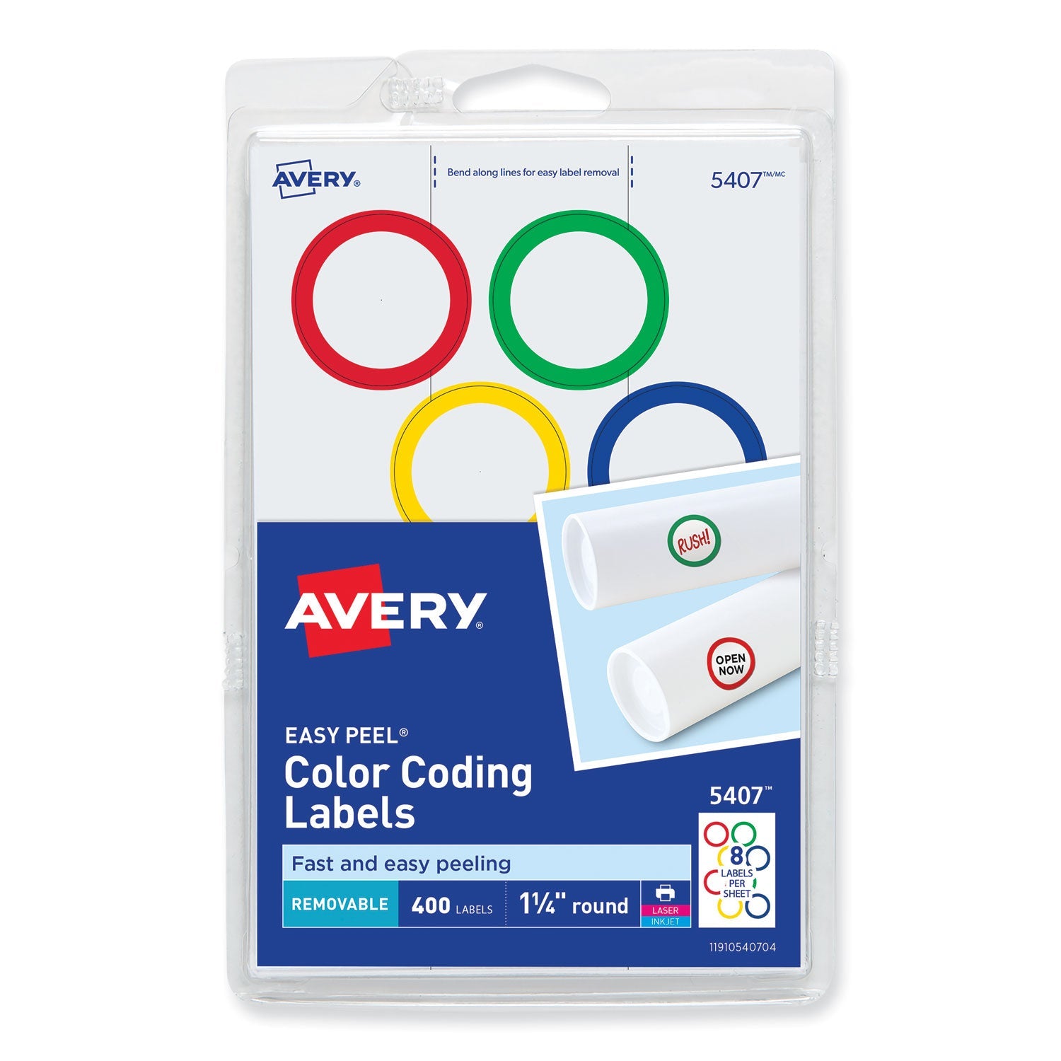 Avery® Printable Self-Adhesive Removable Color-Coding Labels, 1.25" dia, Assorted Colors, 8/Sheet, 50 Sheets/Box