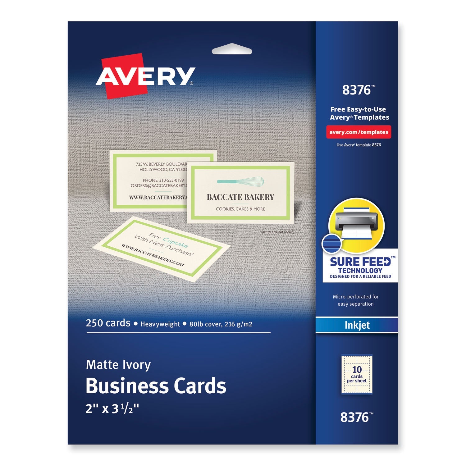 Avery® Printable Microperforated Business Cards W/sure Feed Technology, Inkjet, 2 X 3.5, Ivory, 250 Cards, 10/sheet, 25 Sheets/pack