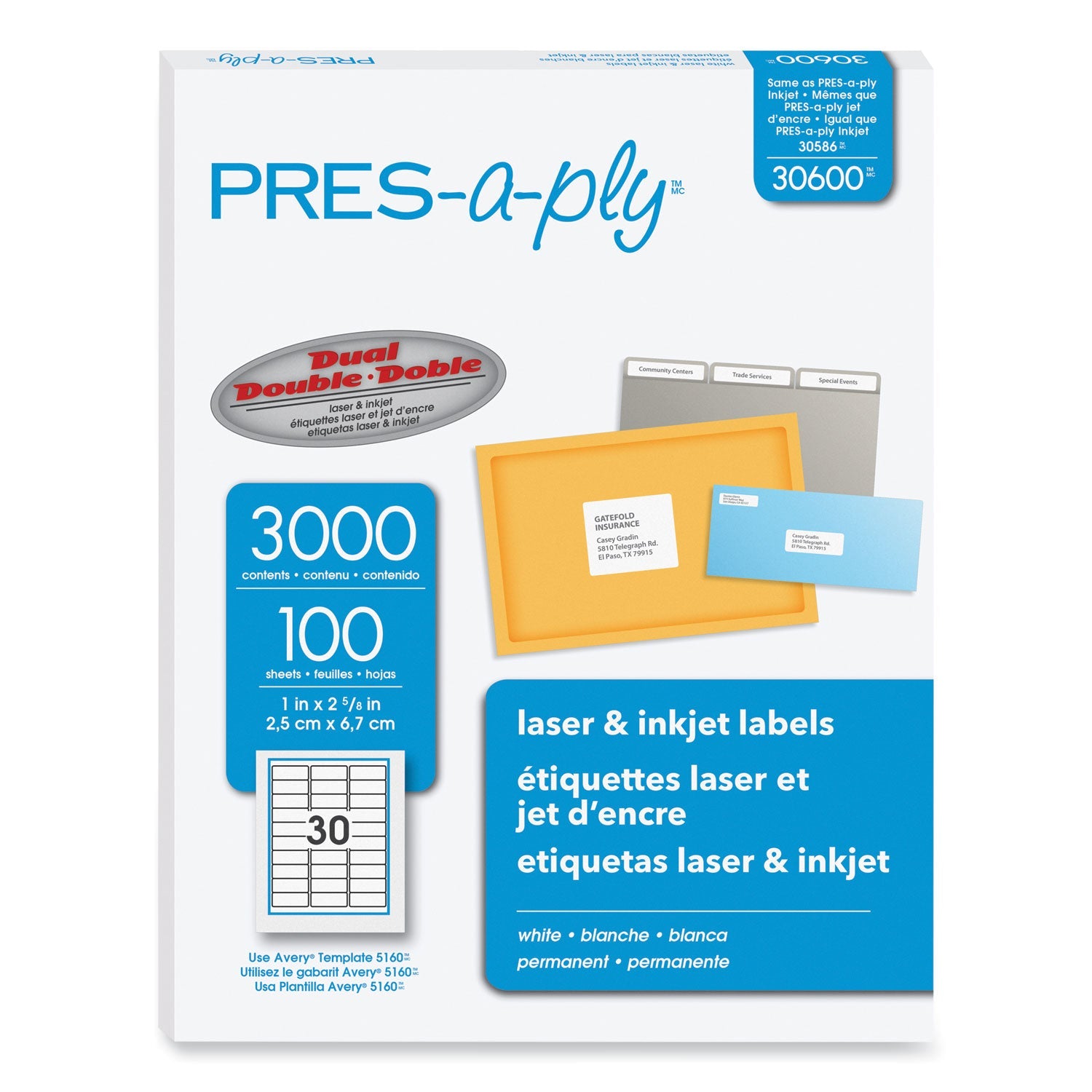 PRES-a-ply® Labels, Laser Printers, 1 X 2.63, White, 30/sheet, 100 Sheets/box