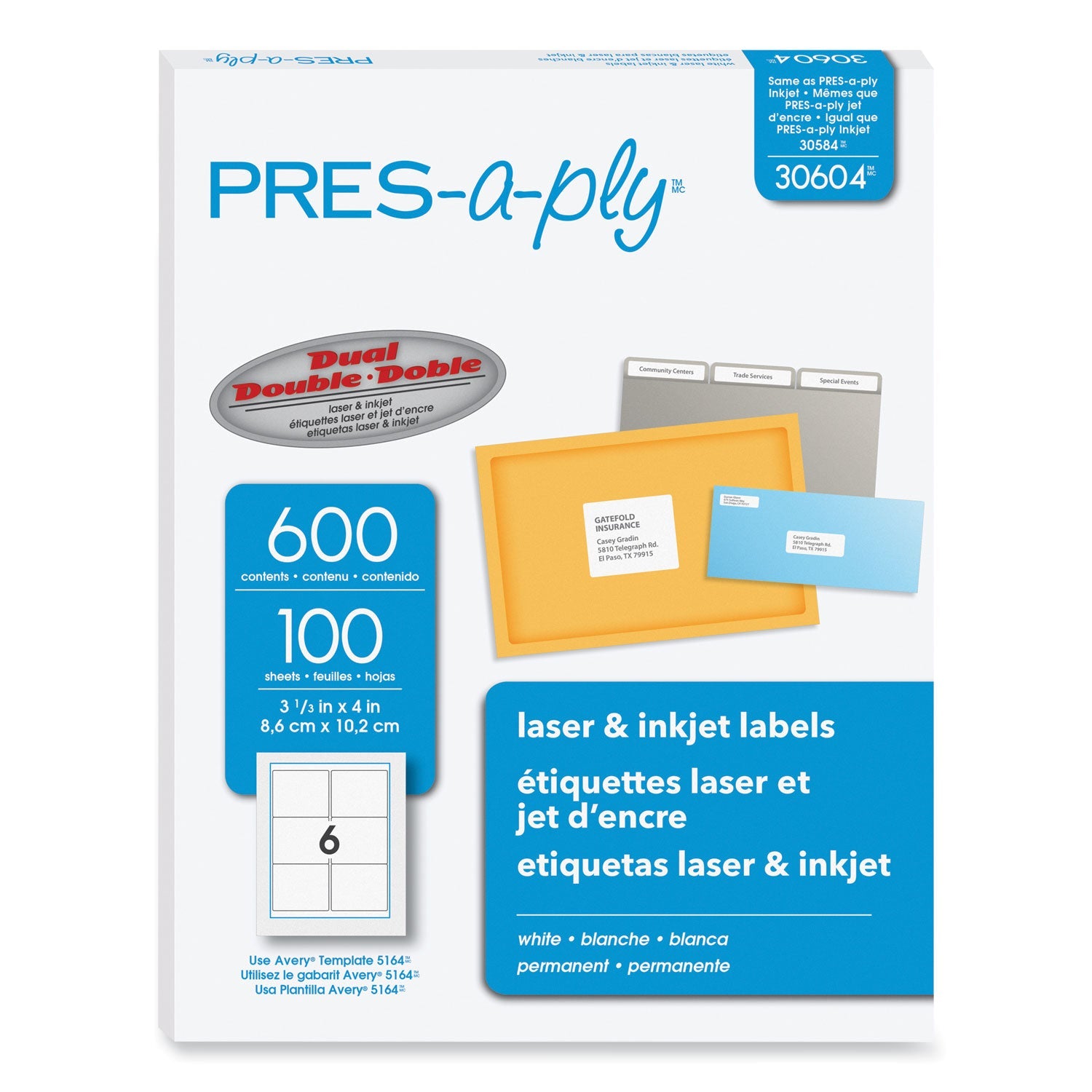 PRES-a-ply® Labels, Laser Printers, 3.33 X 4, White, 6/sheet, 100 Sheets/box
