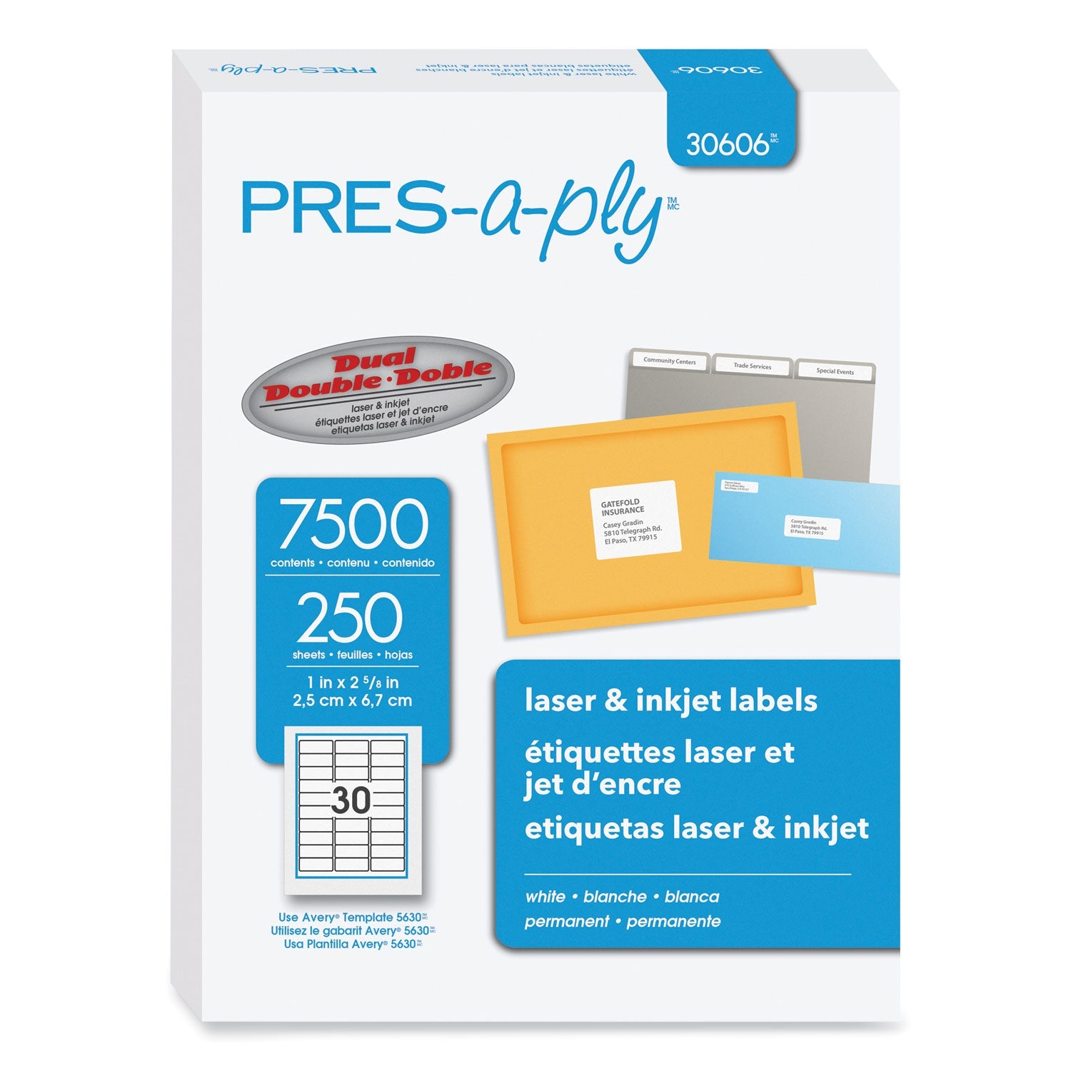 PRES-a-ply® Labels, Laser Printers, 1 X 2.63, White, 30/sheet, 250 Sheets/box