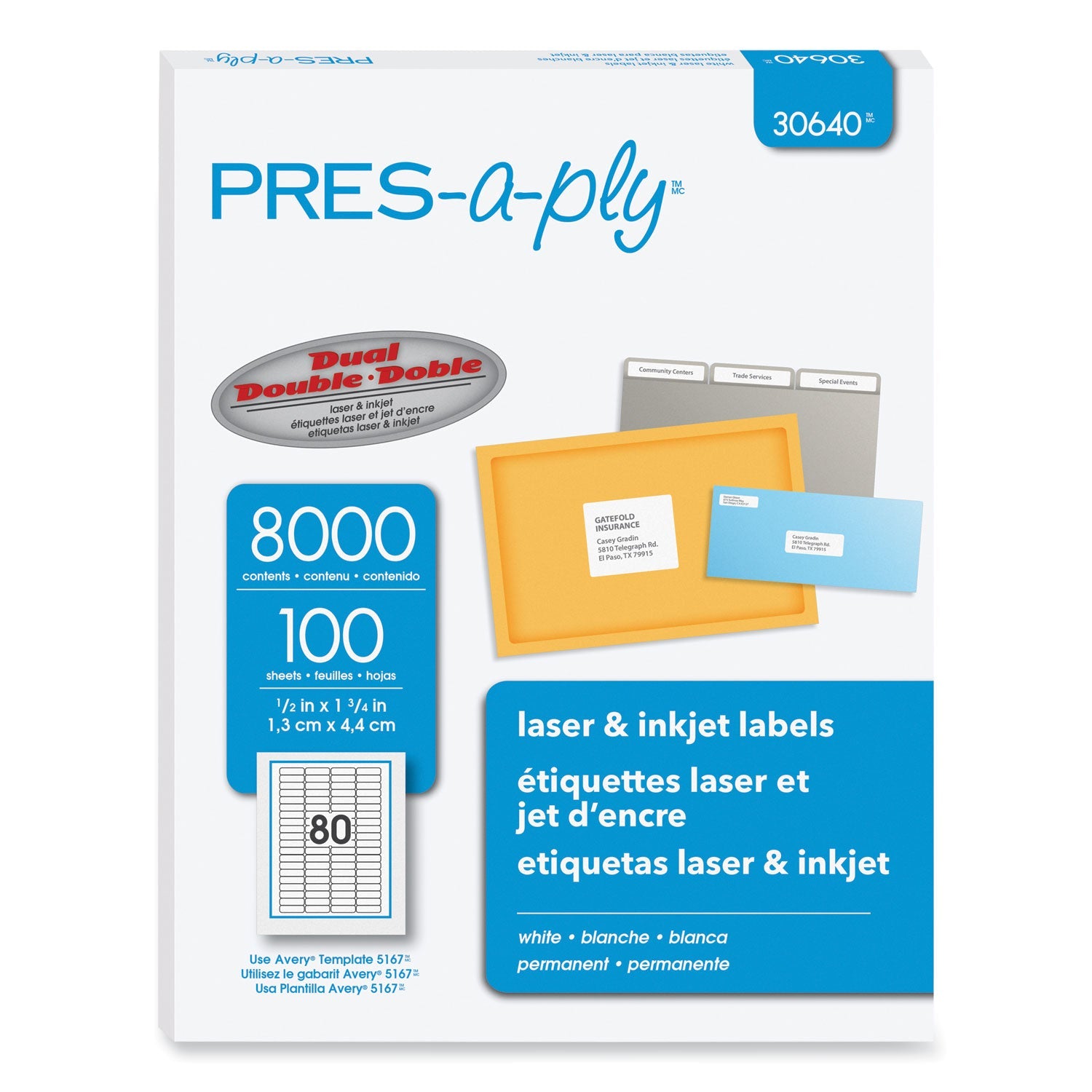 PRES-a-ply® Labels, Inkjet/laser Printers, 0.5 X 1.75, White, 80/sheet, 100 Sheets/pack