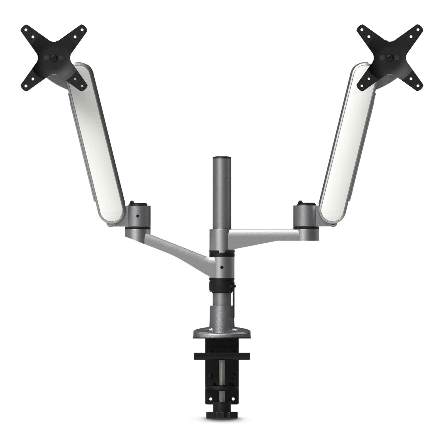 Kantek Multi-Directional Dual Monitor Arm, For 30" Monitors, 360 Deg Rotation, 105 Deg Tilt, 360 Deg Pan, Silver/WH, Supports 20 lbs