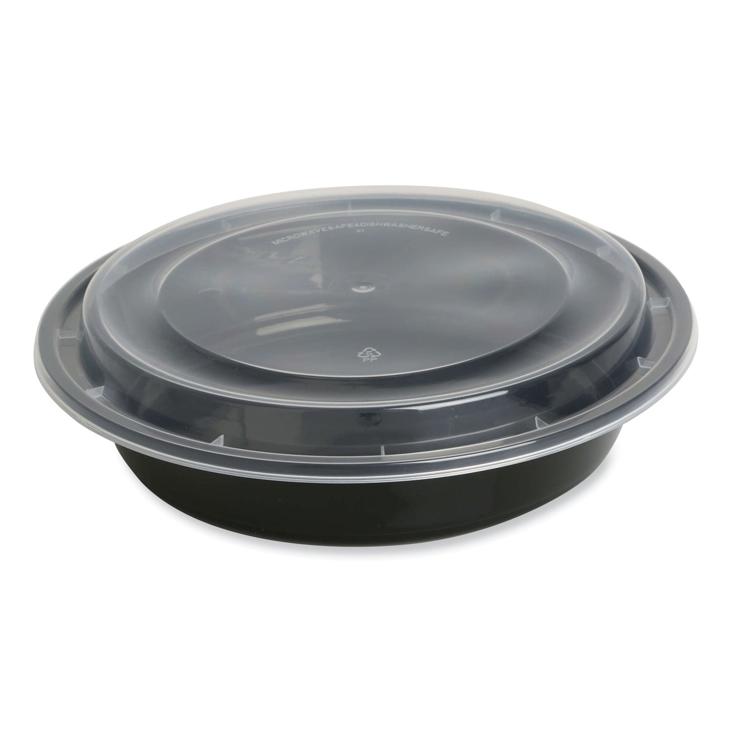 GEN Microwavable Food Container with Lid, Round, 48 oz, 8.85 x 8.85 x 2.24, Black/Clear, Plastic, 150/Carton