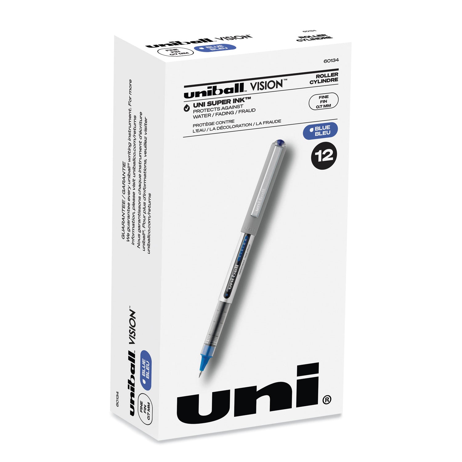 uniball® VISION Rollerball Pen, Stick, Fine 0.7 mm, Blue Ink, Silver/Blue/Clear Barrel, Dozen