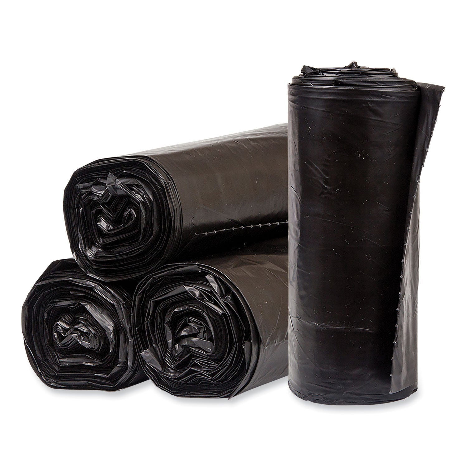 Pitt Plastics Eco Strong Plus Can Liners, 40 gal, 1.7 mil, 40" x 46", Black, Perforated Roll, 100/Carton
