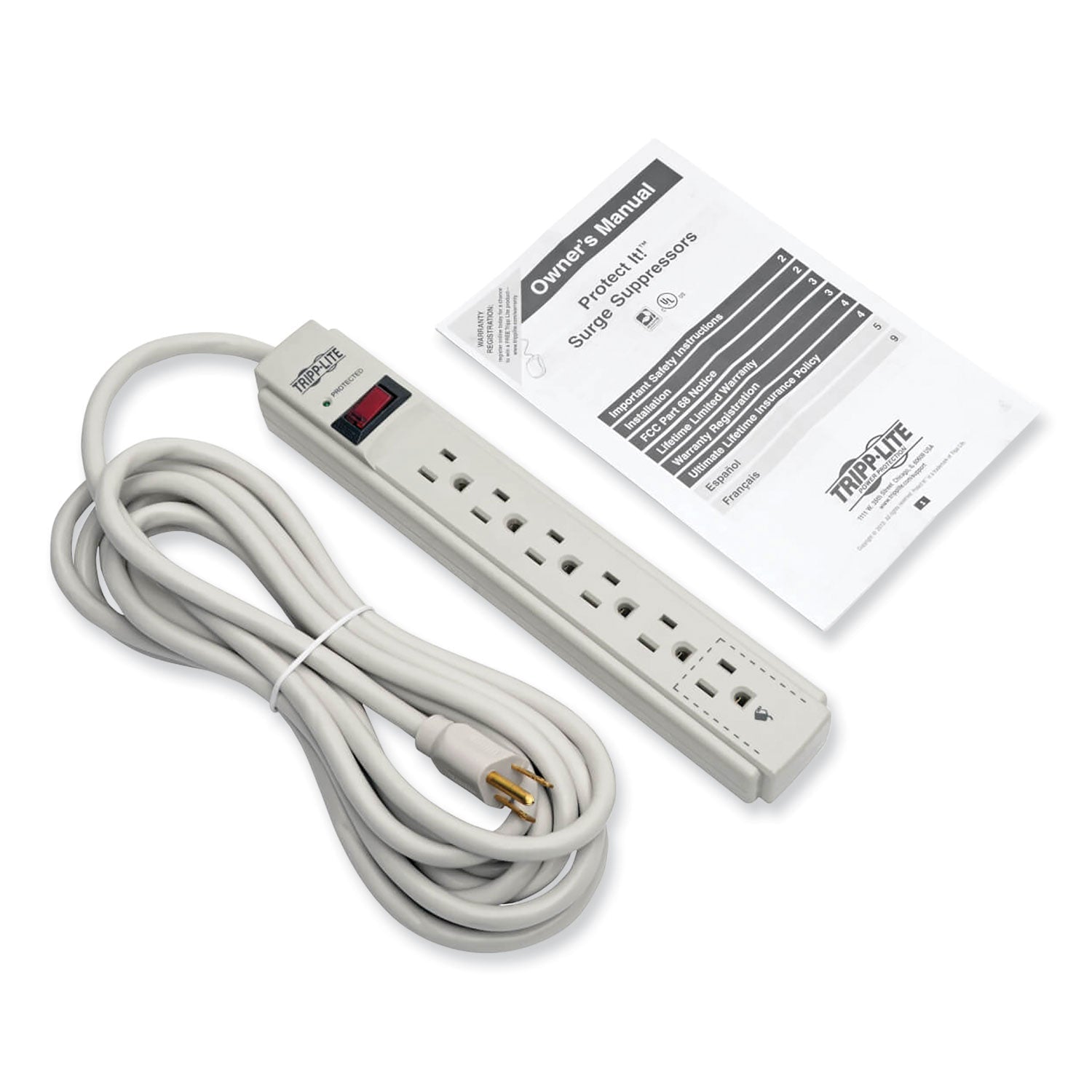 Tripp Lite by Eaton Protect It! Surge Protector, 6 AC Outlets, 15 ft Cord, 790 J, Light Gray - Bloom Skins