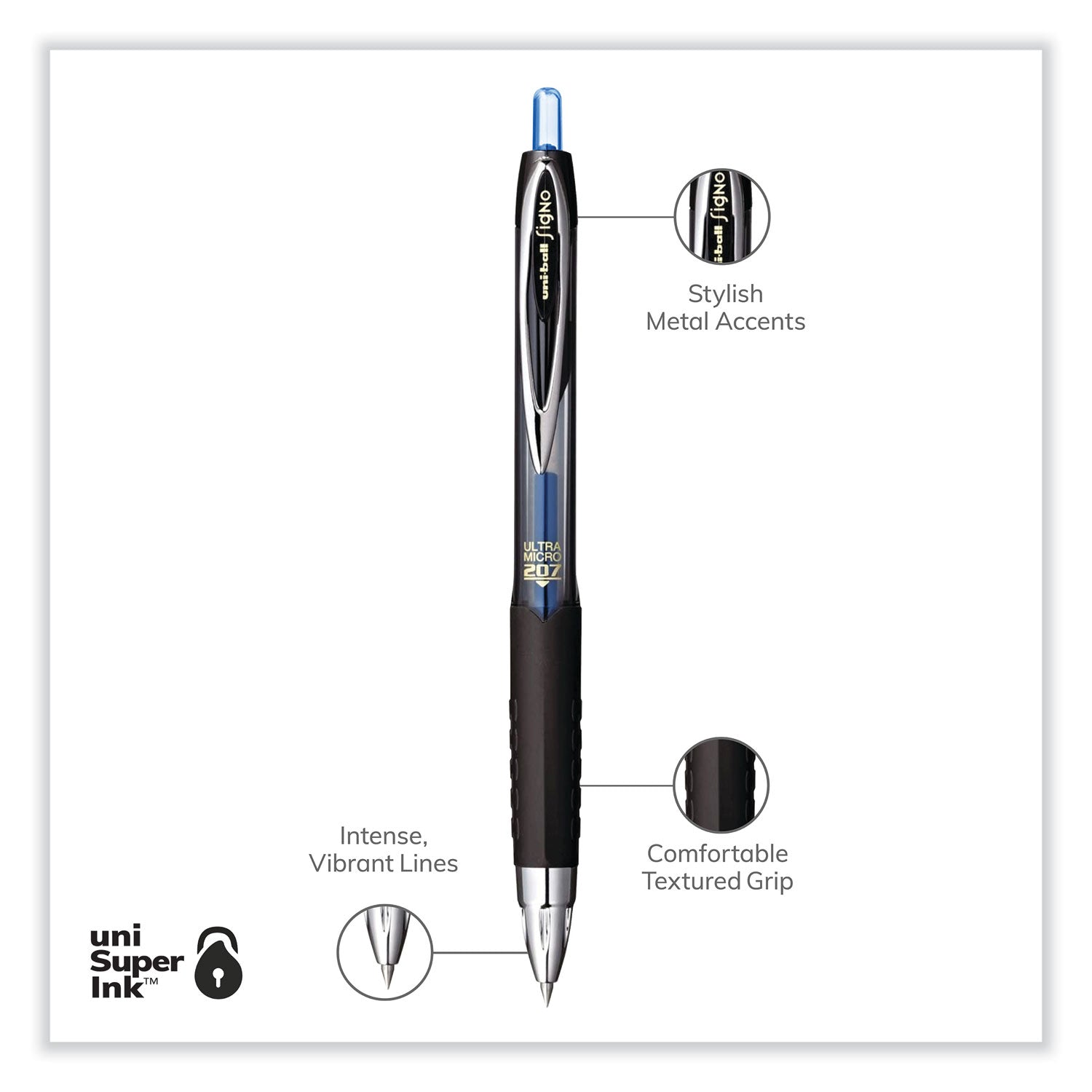 uniball® 207 Ultra Micro Gel Pen, Retractable, Ultra-Micro 0.38 mm, Blue Ink, Clear/Black Barrel - Bloom Skins